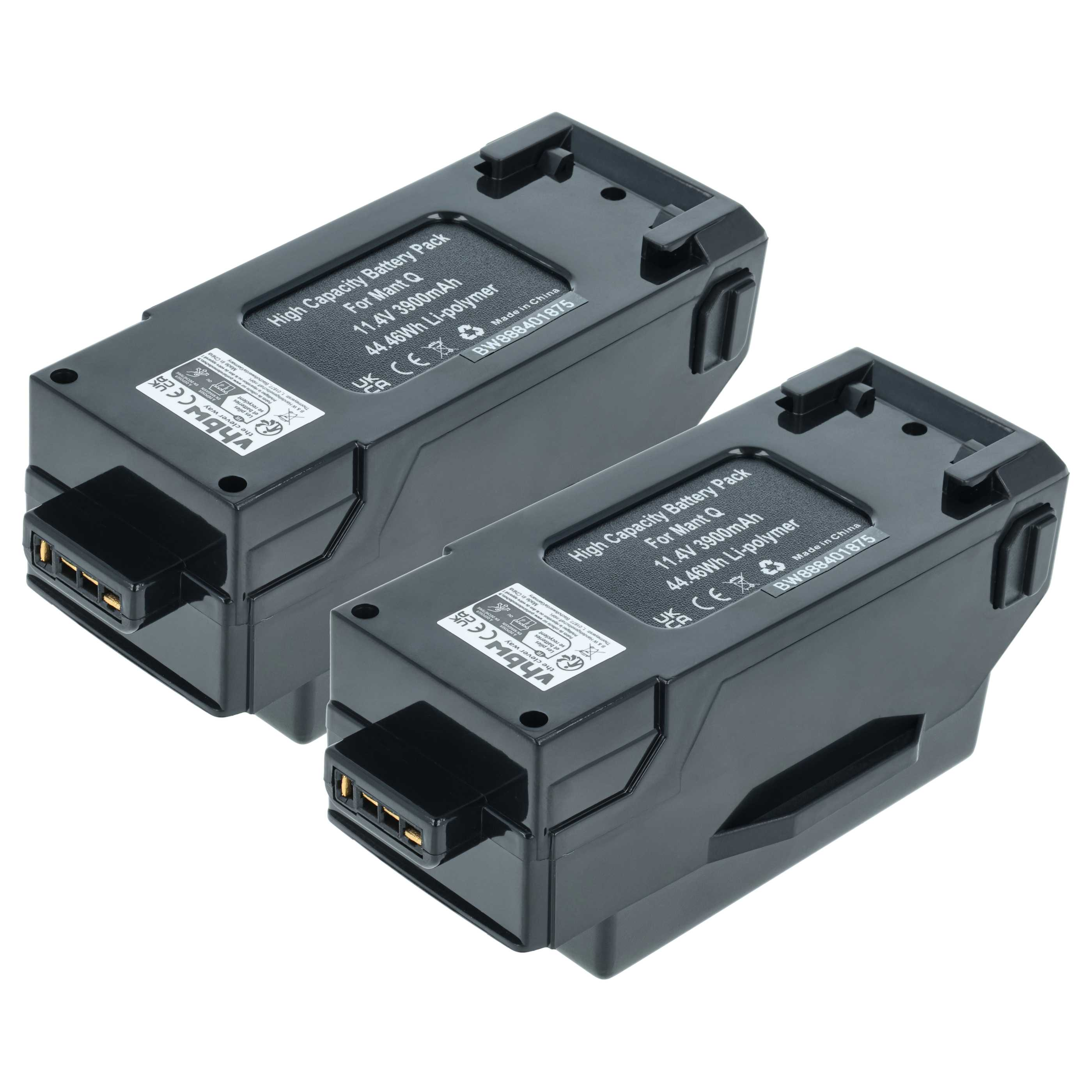 Zwei schwarze rechteckige Batterien. Jede hat ein Etikett mit Text und einen Anschluss.