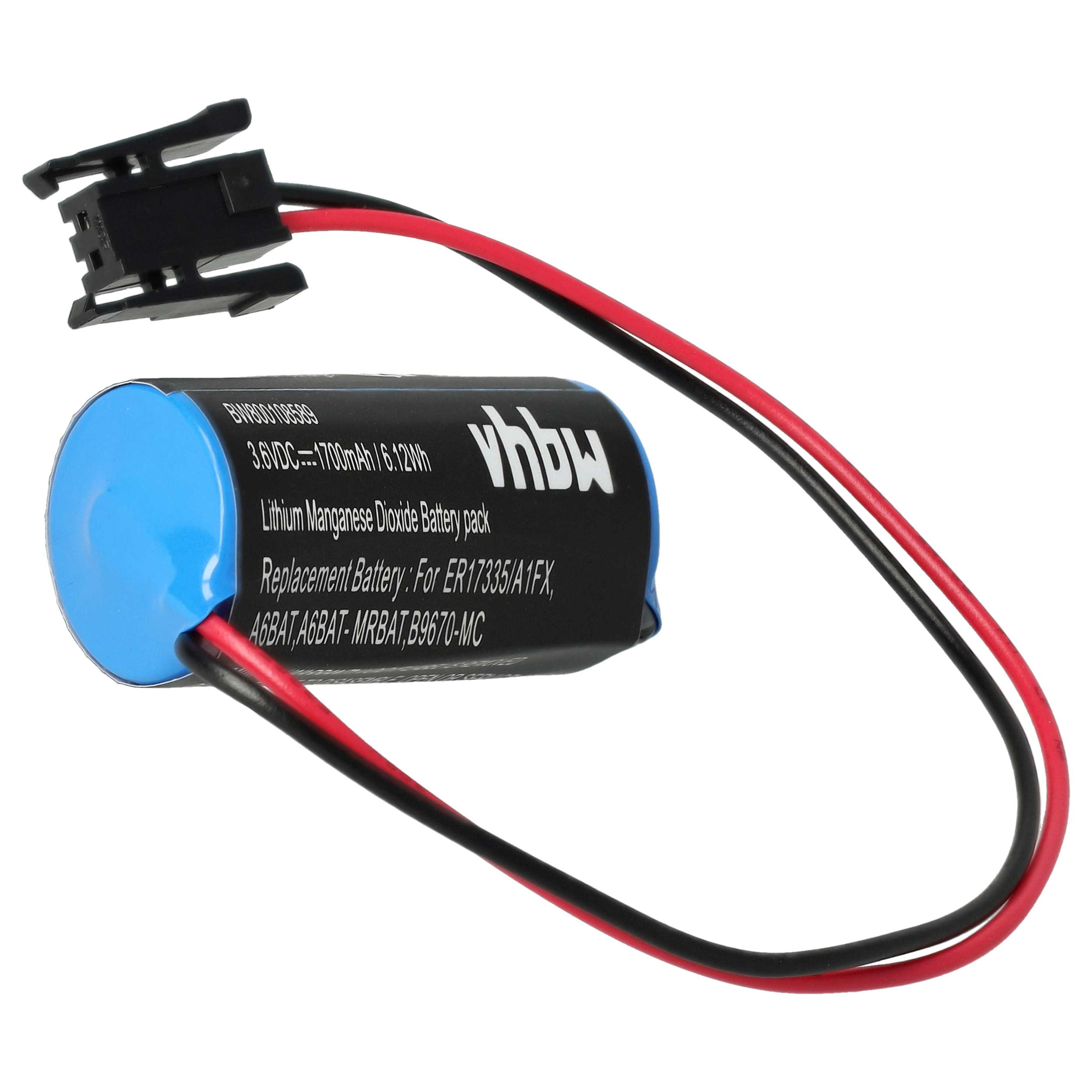 Eine Batterie mit schwarzen und roten Drähten und einem schwarzen Stecker. Sie hat Text, einschließlich 'Lithium Mangan Dioxide'.