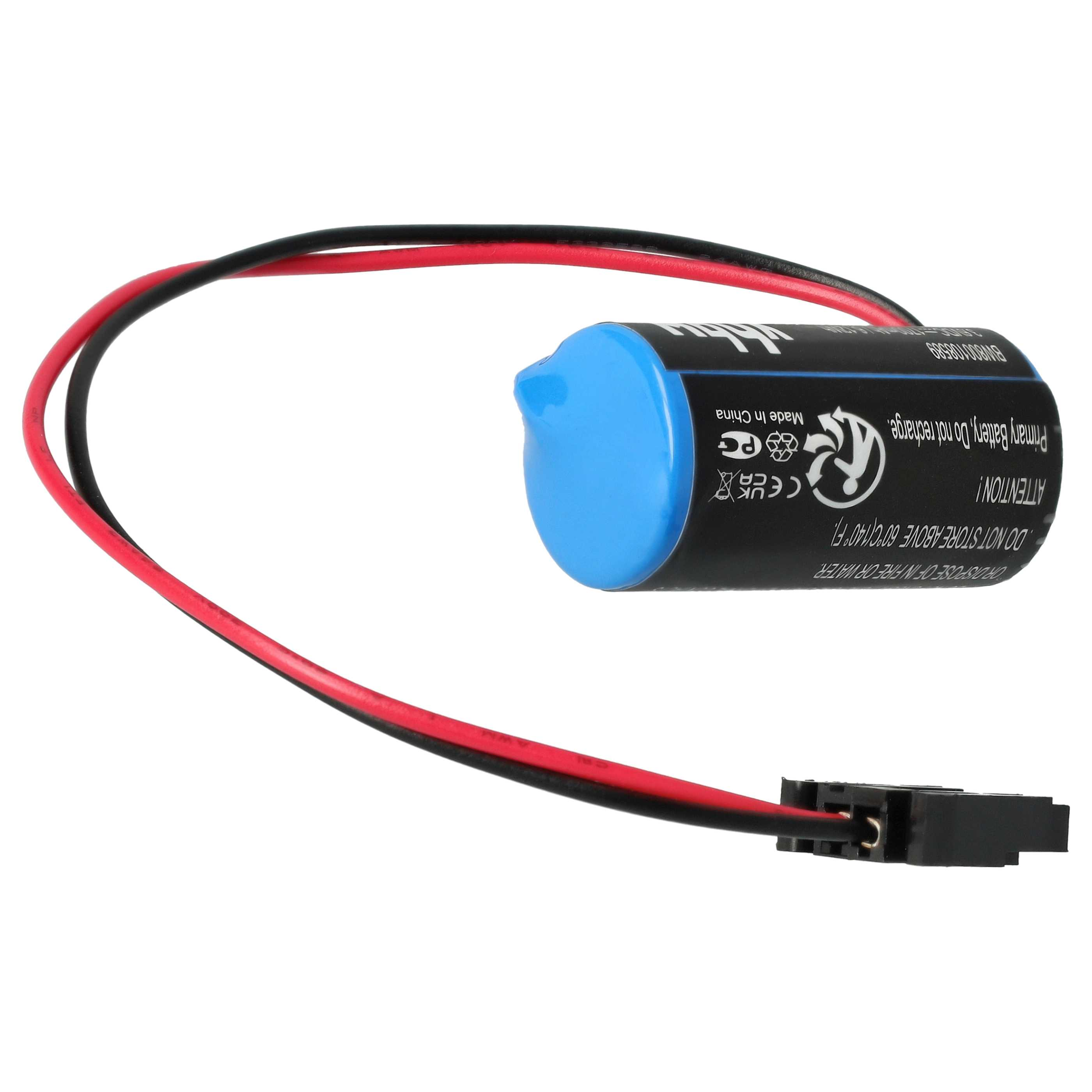 Eine Batterie mit schwarzen und roten Drähten, die mit einem schwarzen Stecker verbunden sind. Die Batterie ist blau und schwarz.