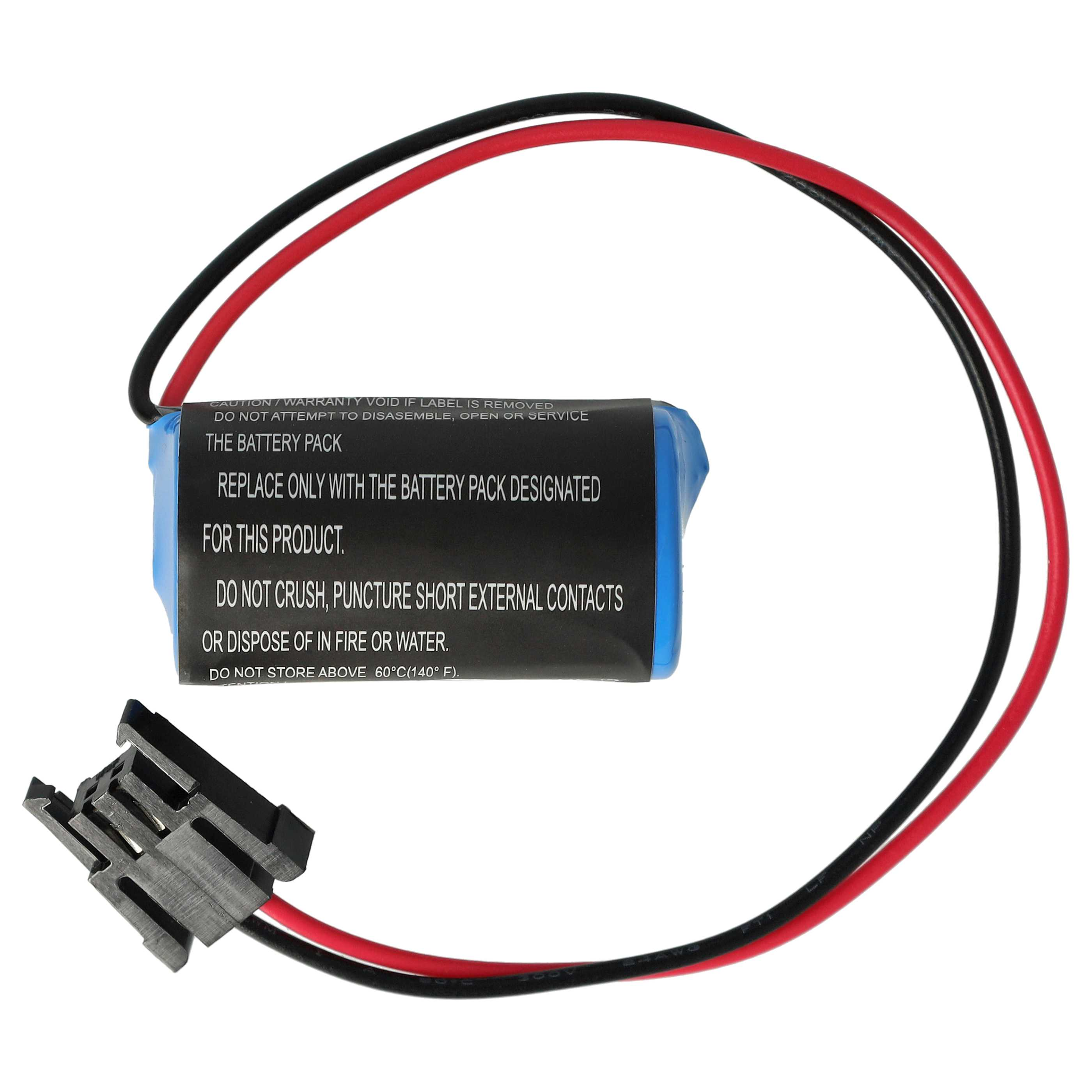 Ein Akkupack mit schwarzen und roten Drähten und einem schwarzen Stecker. Text auf dem Pack warnt vor Entsorgung und Gebrauch.