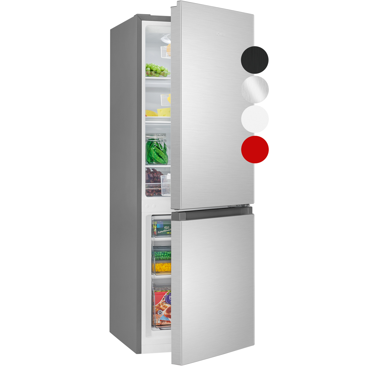 Un refrigerador plateado de dos puertas está abierto, revelando estantes llenos de comida. Círculos de colores indican colores disponibles. El refrigerador está sobre fondo blanco.