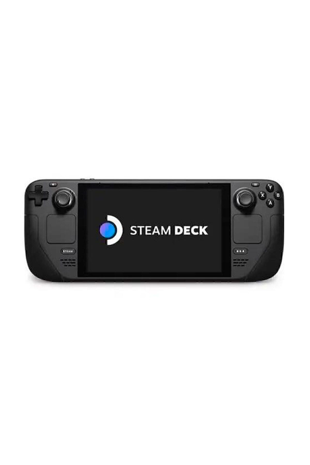 Beyaz bir arka plan üzerinde ortalanmış bir Steam Deck konsolu. Ekran, Steam Deck logosunu gösteriyor. Konsol siyahtır.