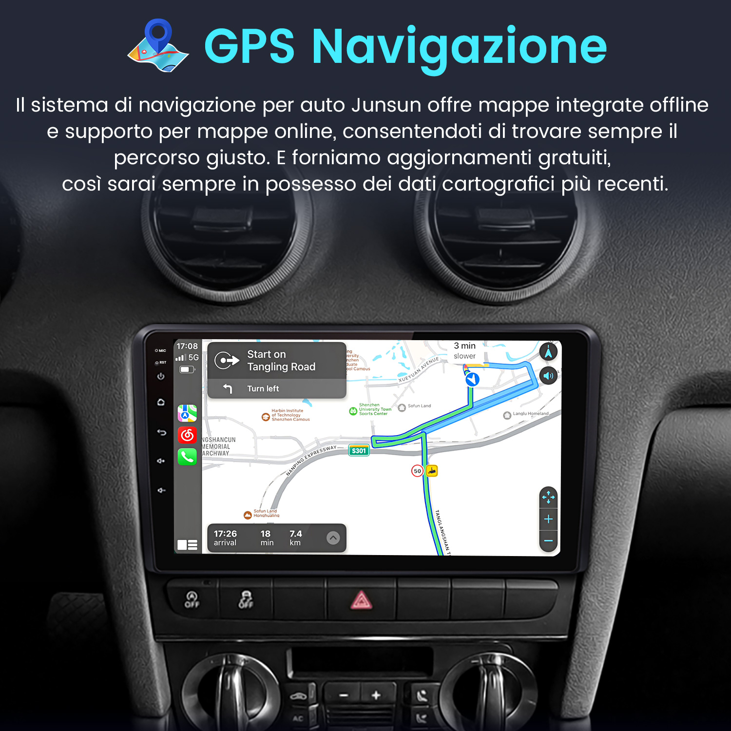 Cruscotto auto con mappa GPS, indicazioni stradali, ora e distanza. L'interno dell'auto è visibile.