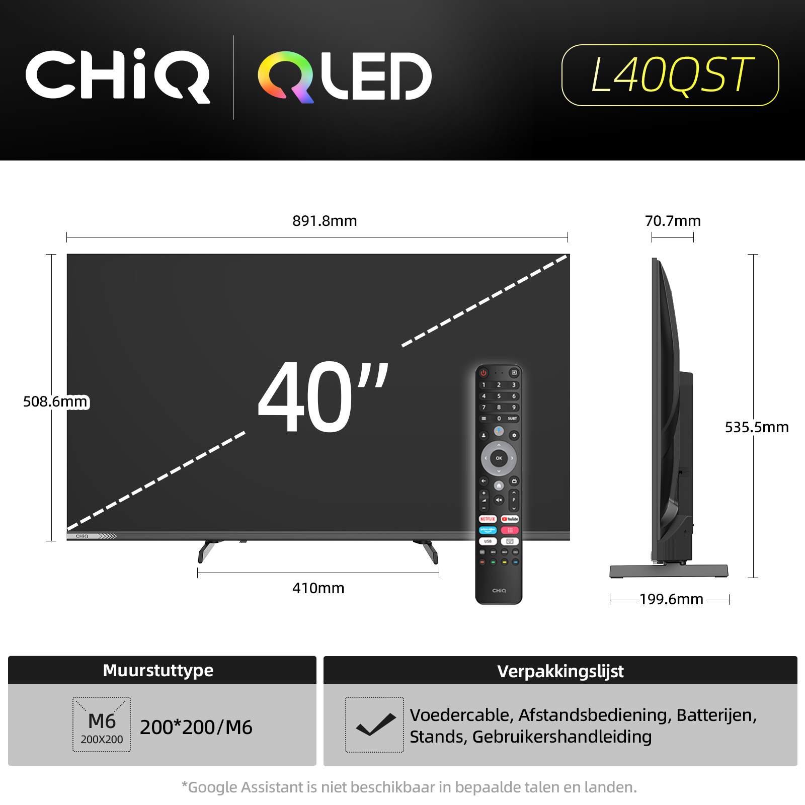 A CHiQ QLED 40" TV with remote, dimensions, and packaging list details. Includes text in Dutch.