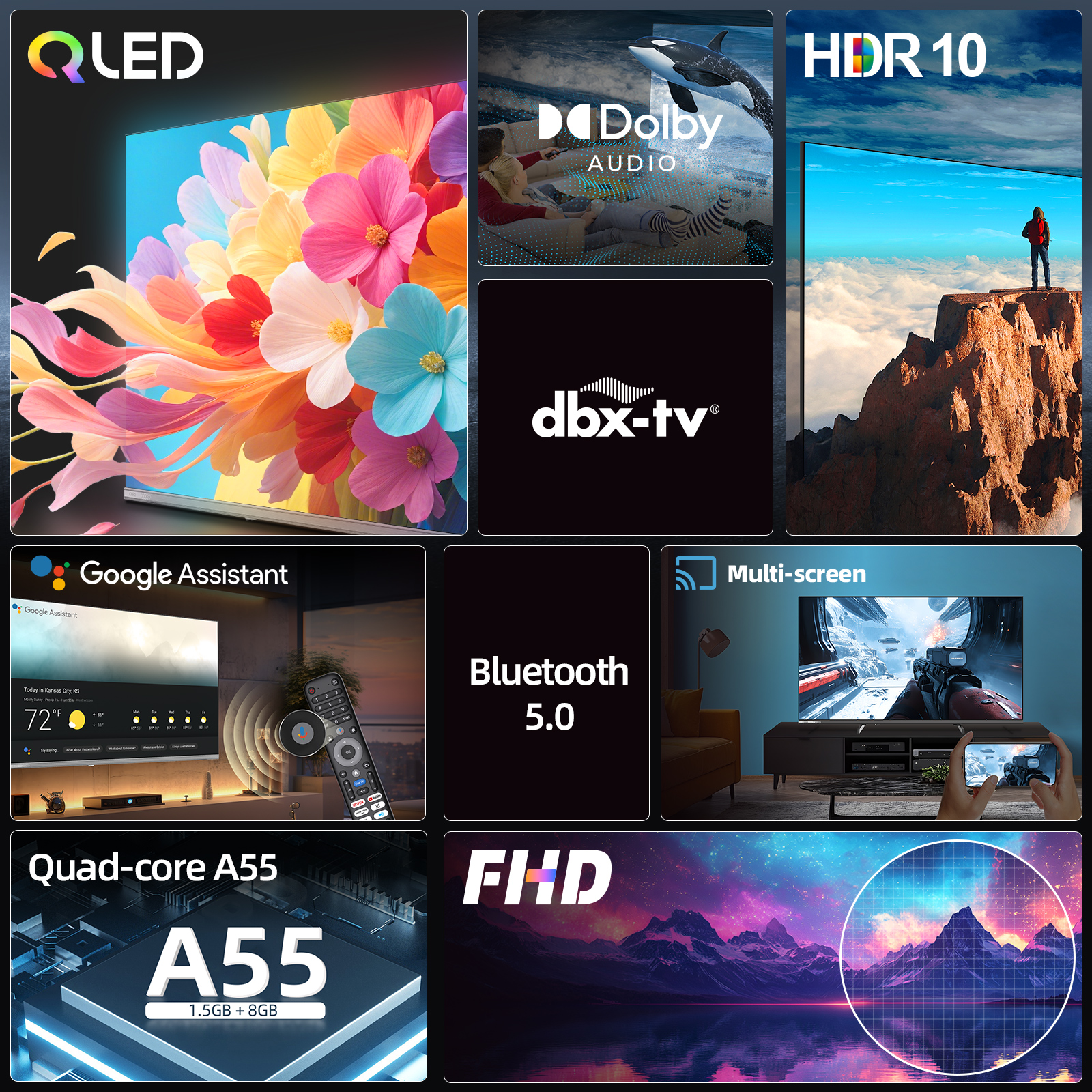 A TV with QLED, HDR10, Dolby Audio, and Google Assistant. Features include Bluetooth 5.0, multi-screen, and FHD resolution.