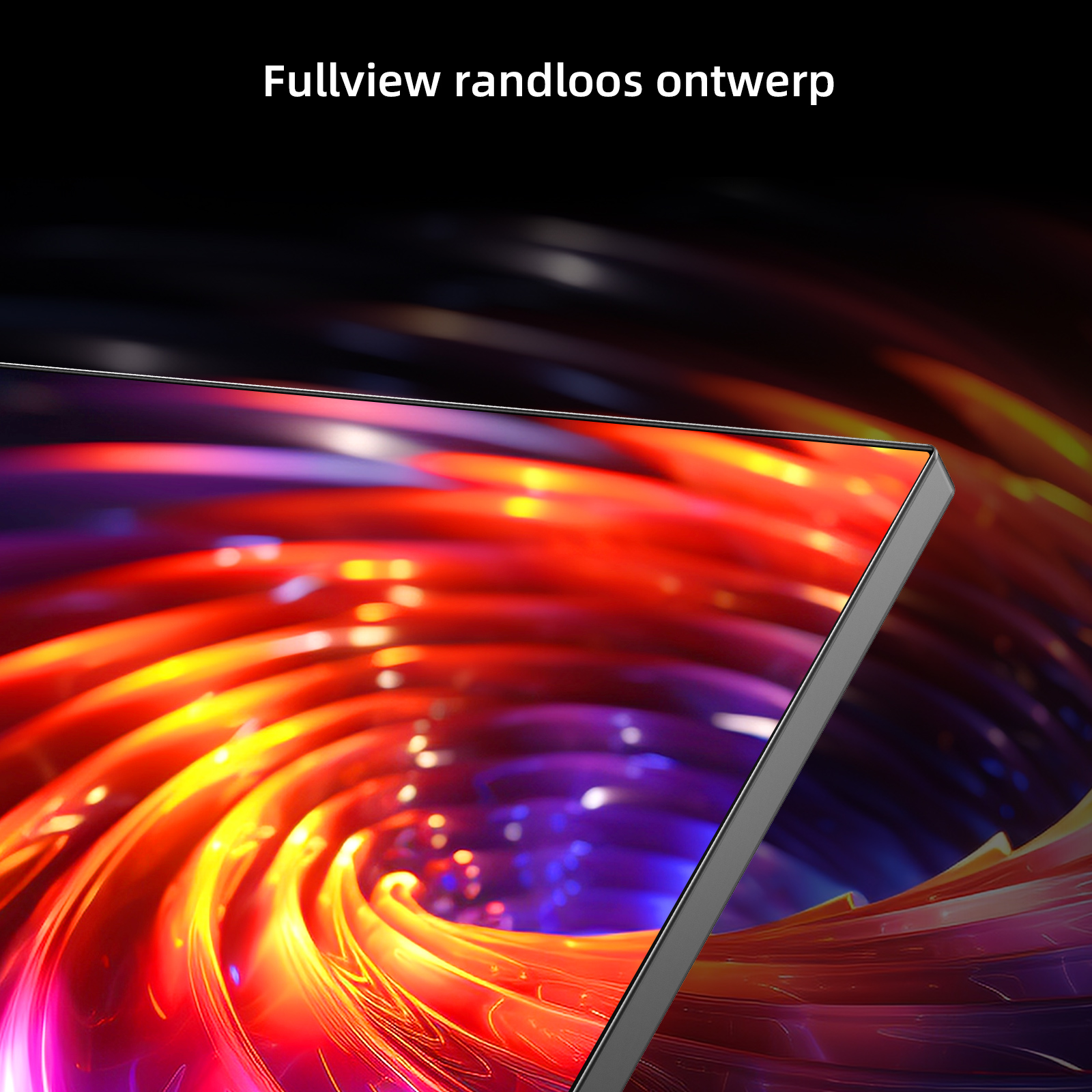A close-up of a screen with colorful abstract background. The screen's edge is visible, with the text 'Fullview randloos ontwerp'.