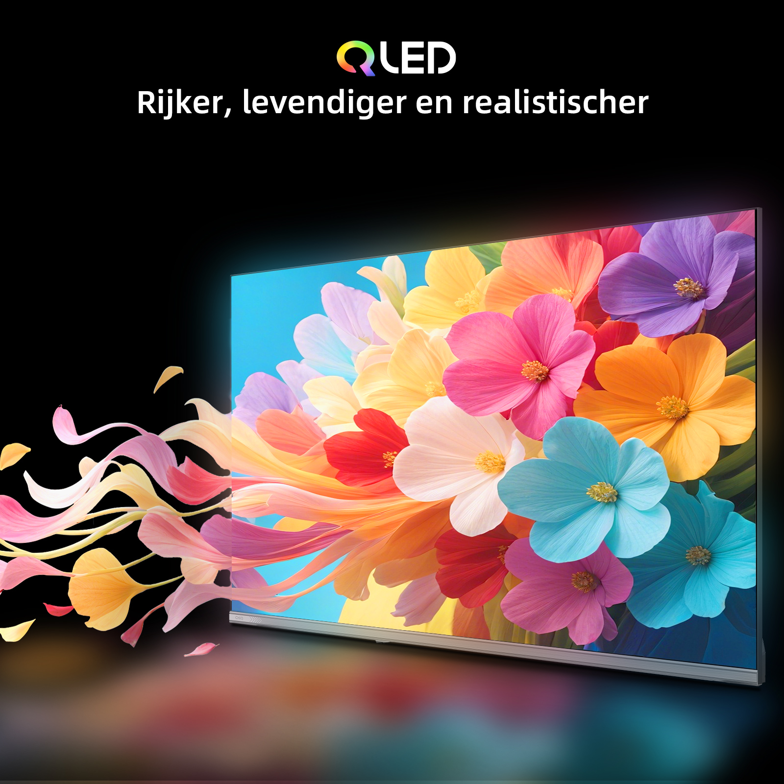 A QLED TV displays colorful flowers against a blue sky, with petals floating. Text says 'Rijker, levendiger en realistischer'.