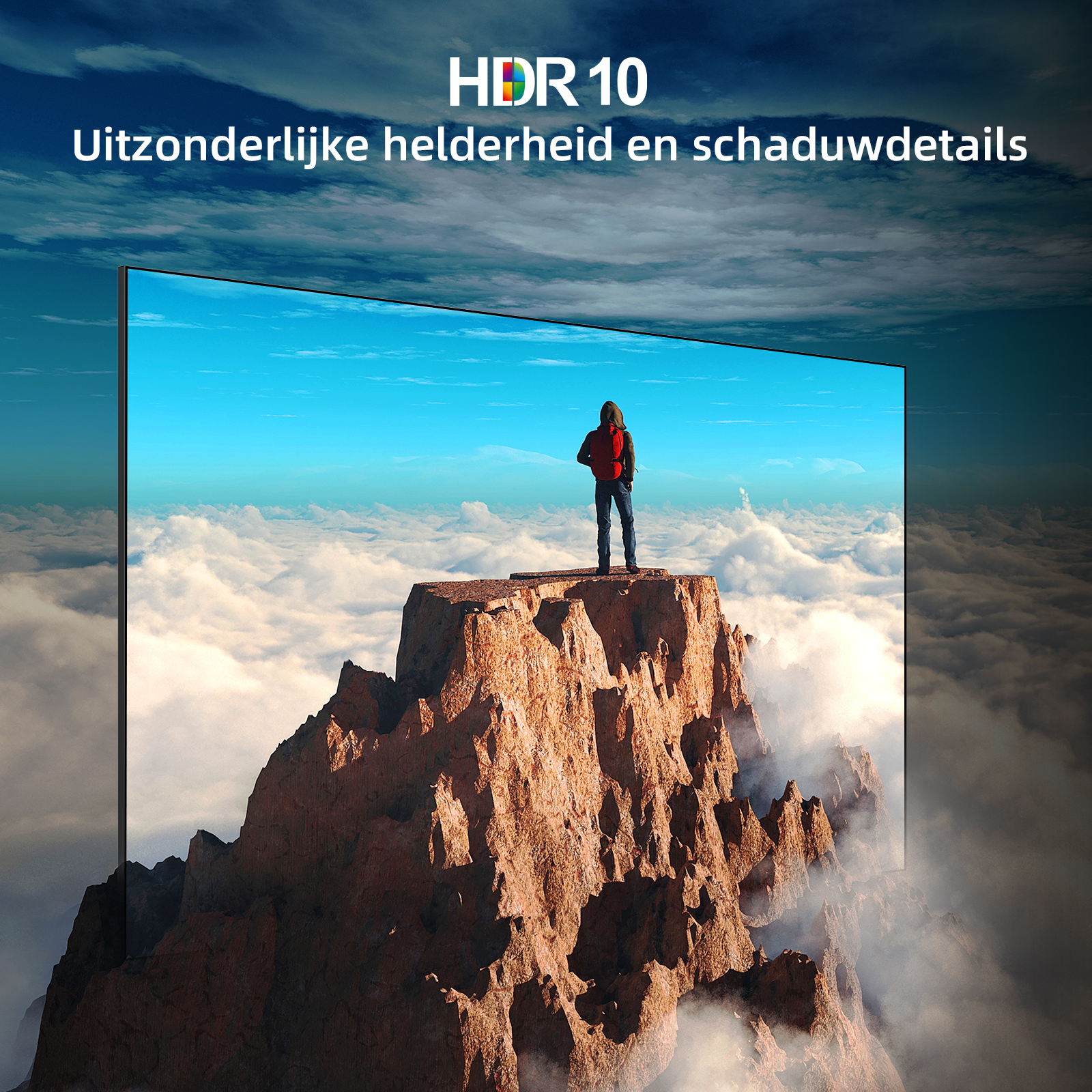 A person stands on a rock formation above clouds. The sky is blue and the text 'HDR 10' is visible.