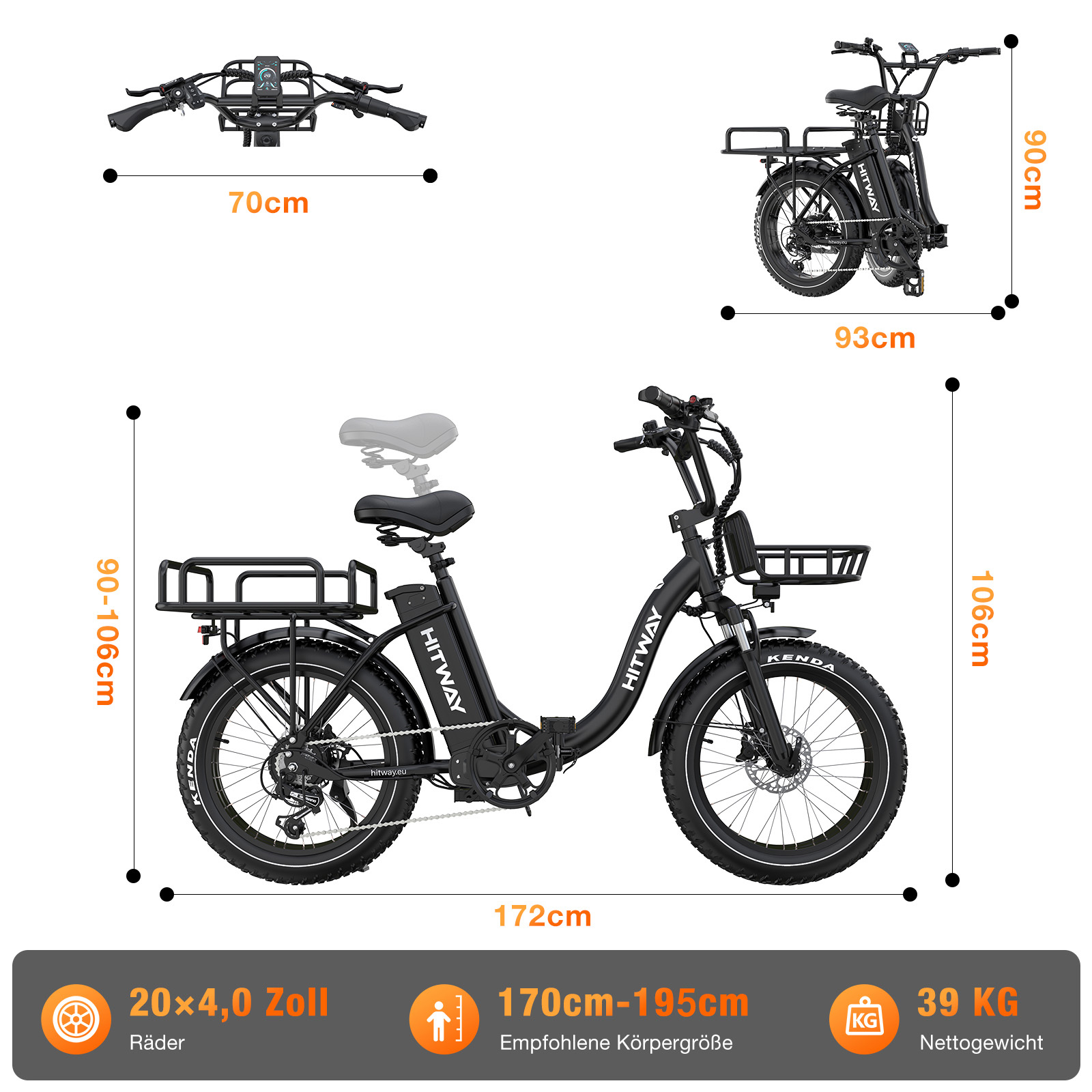 Ein schwarzes HITWAY E-Bike mit Abmessungen. Zeigt Längen-, Höhen- und Radgrößen. Enthält Gewichtsangaben.