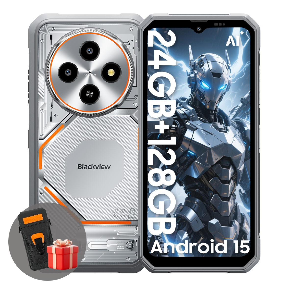 Teléfono resistente Blackview. Muestra un robot, especificaciones y un juego de regalo. Android 15. Carcasa plateada con detalles naranjas.