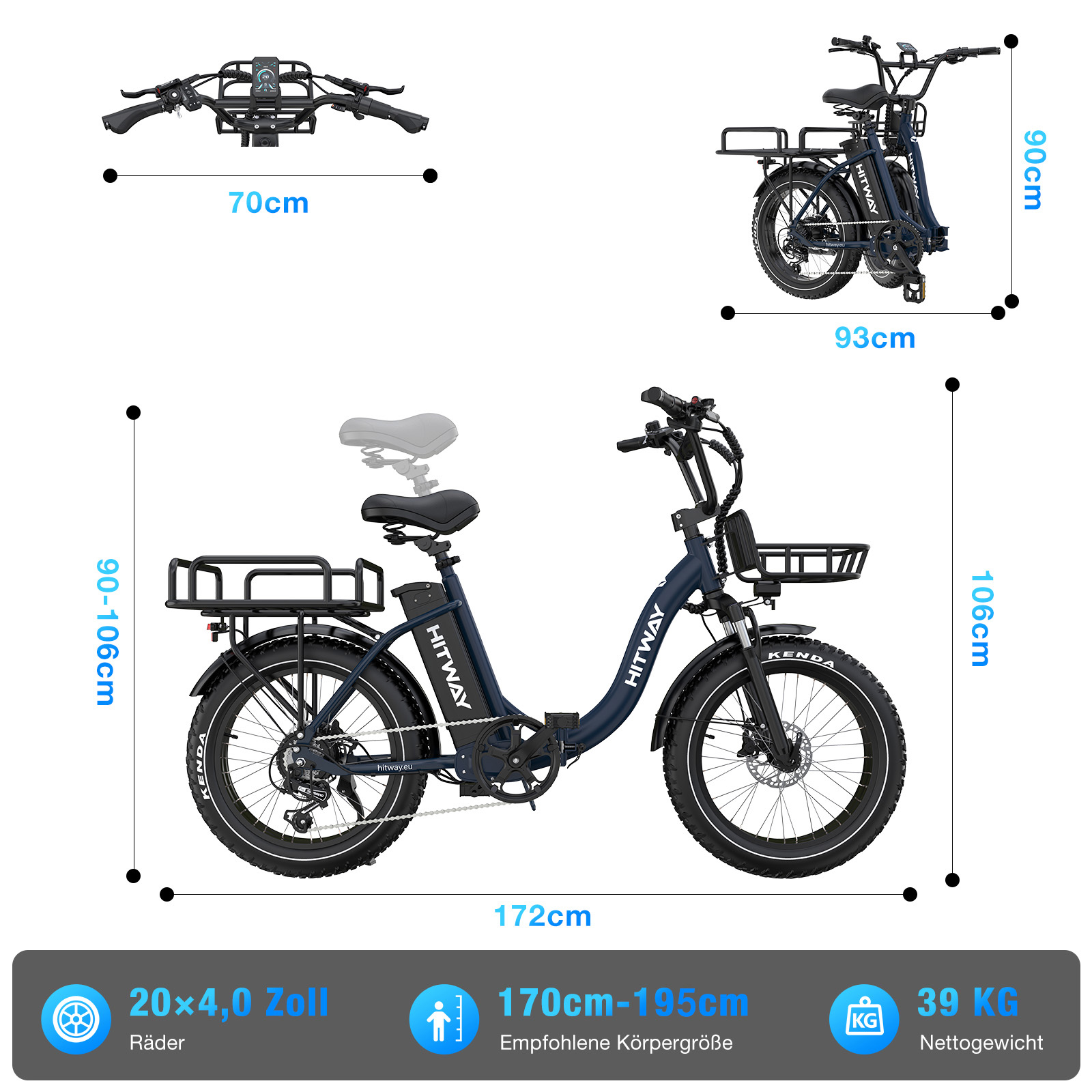 Ein dunkelblaues HITWAY E-Bike mit schwarzen Reifen und angezeigten Abmessungen. Es hat einen Korb und einen Sitz und sagt KENDA auf den Reifen.