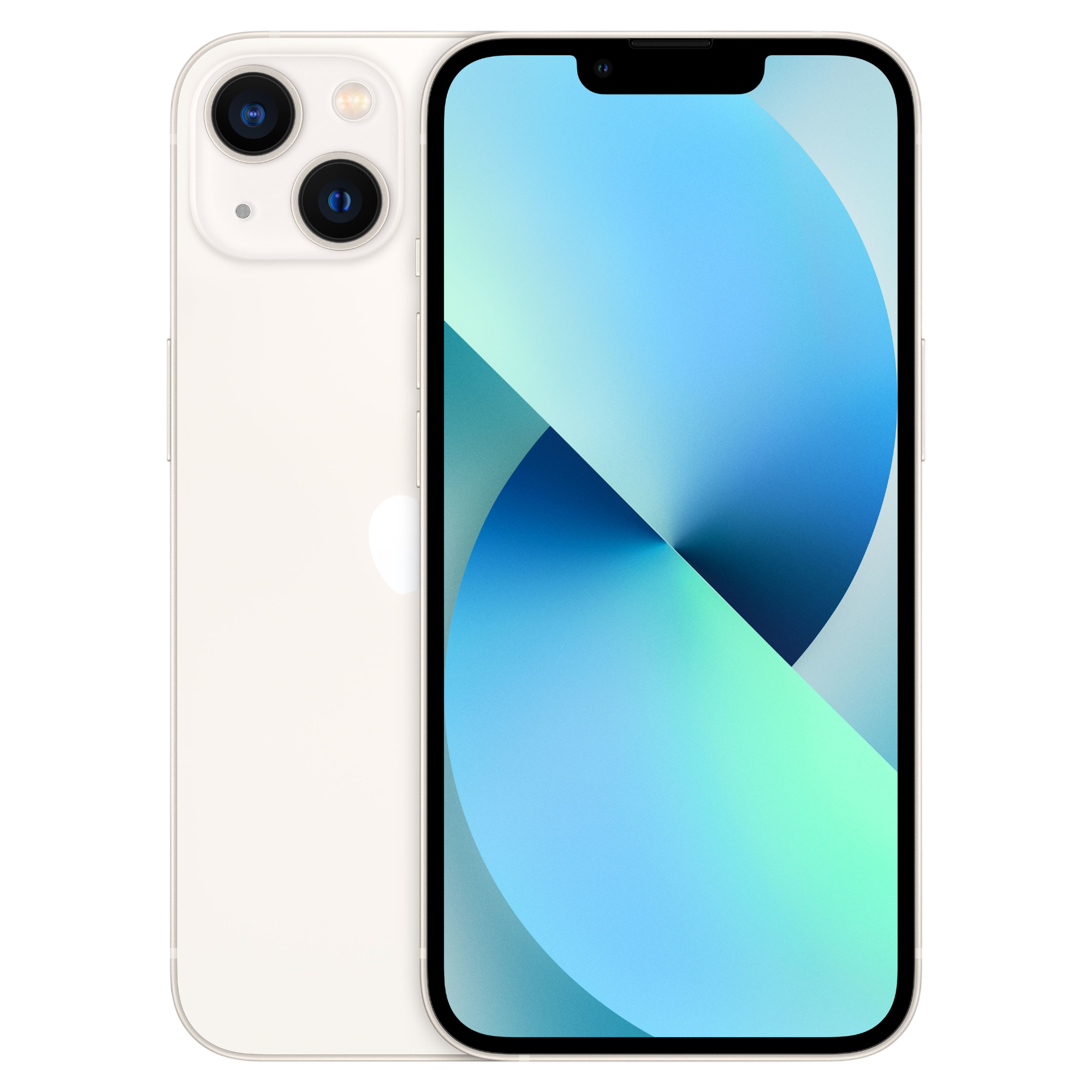 Biały iPhone 13 w orientacji pionowej. Ekran wyświetla niebiesko-zielony gradient. Tył ma dwa aparaty.