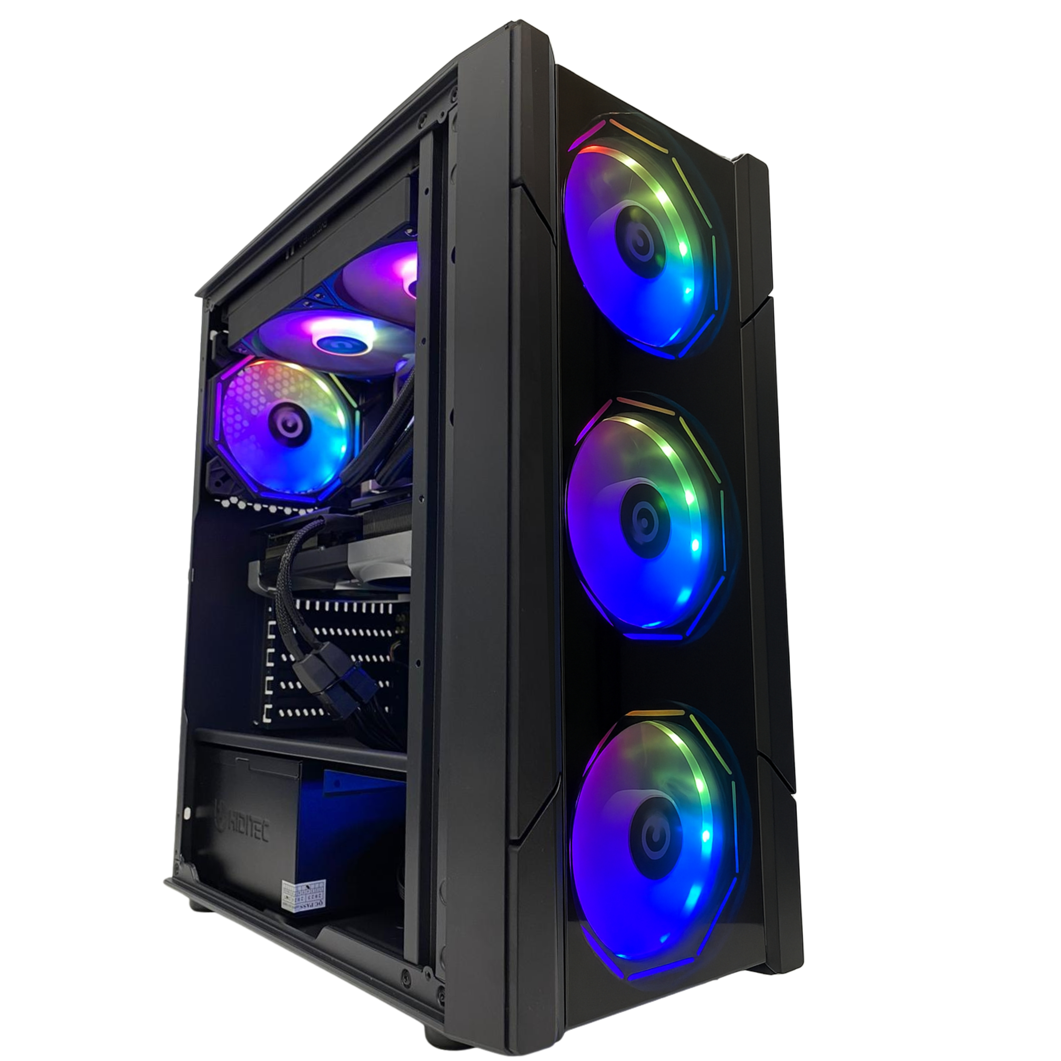 Se muestra una caja de ordenador negra con ventiladores RGB. Los ventiladores tienen luces azules, moradas y amarillas. La caja está sobre un fondo blanco.