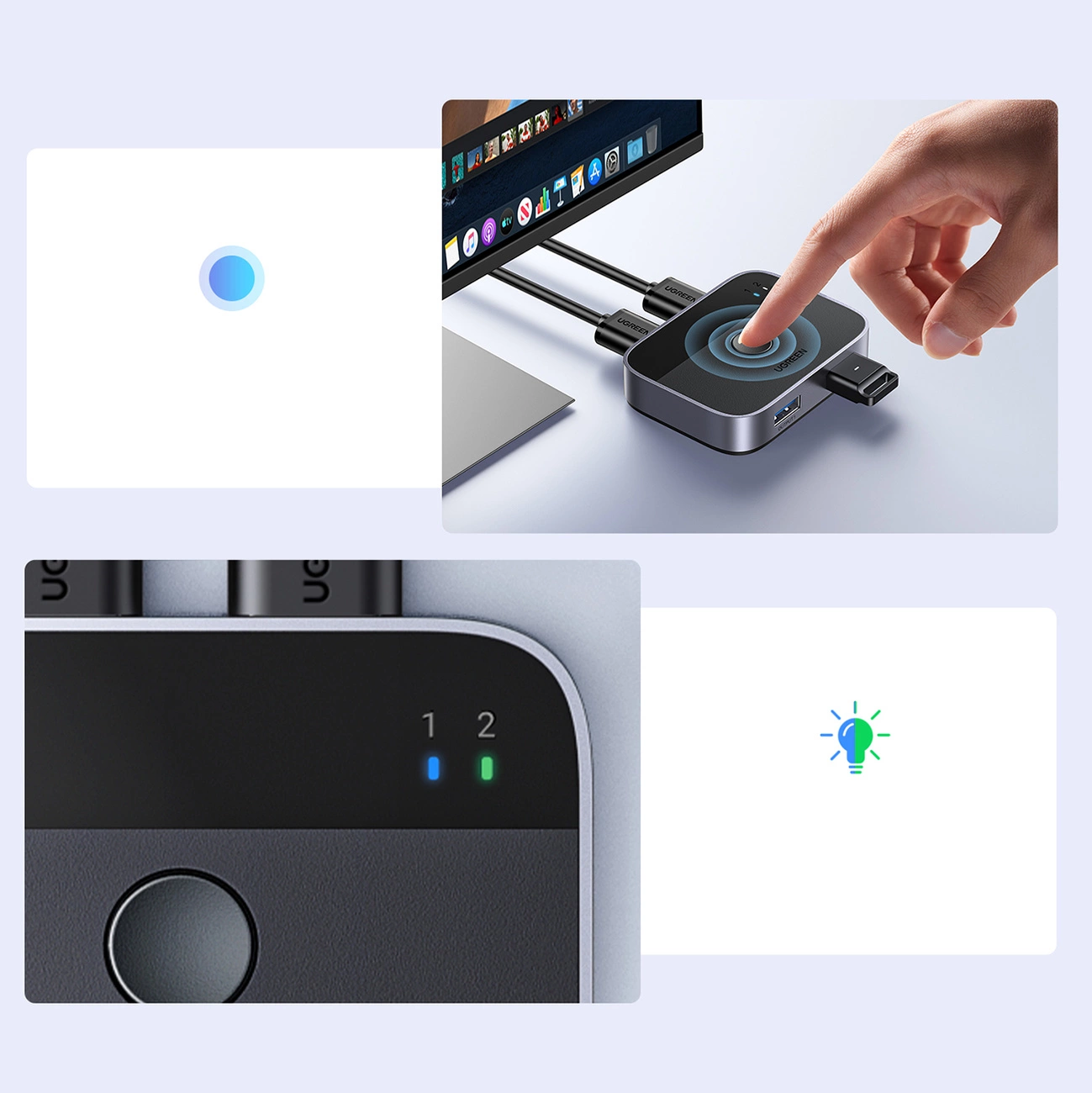 Dłoń dotyka czarnego i srebrnego huba USB podłączonego do laptopa. Wskaźniki się zapalają. Tło zawiera ikonę żarówki.