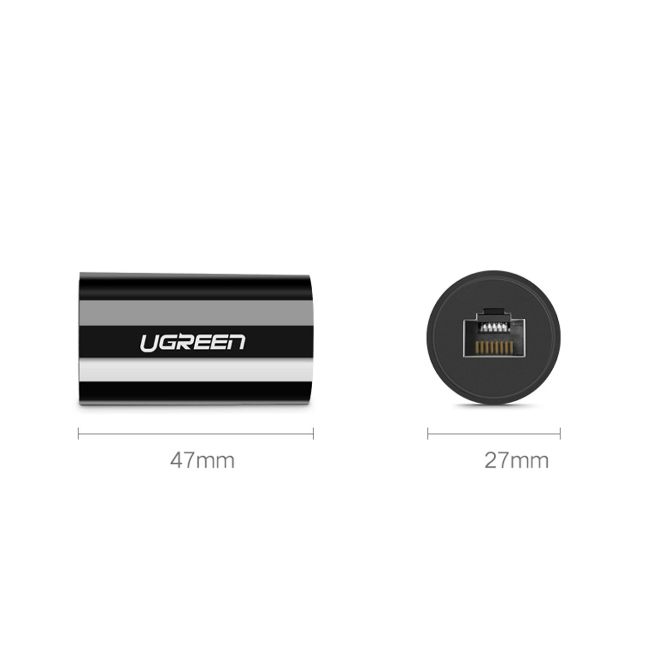 Obraz przedstawia czarny adapter UGREEN z portem Ethernet i wymiarami 47 mm i 27 mm na białym tle.