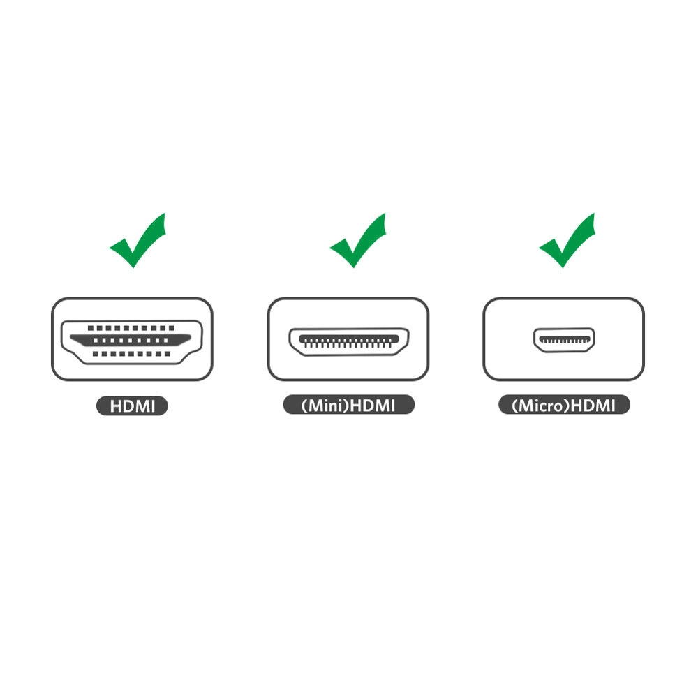Tre tipi di connettori HDMI: HDMI, Mini HDMI e Micro HDMI, ciascuno con un segno di spunta sopra. I nomi sono sotto i connettori.