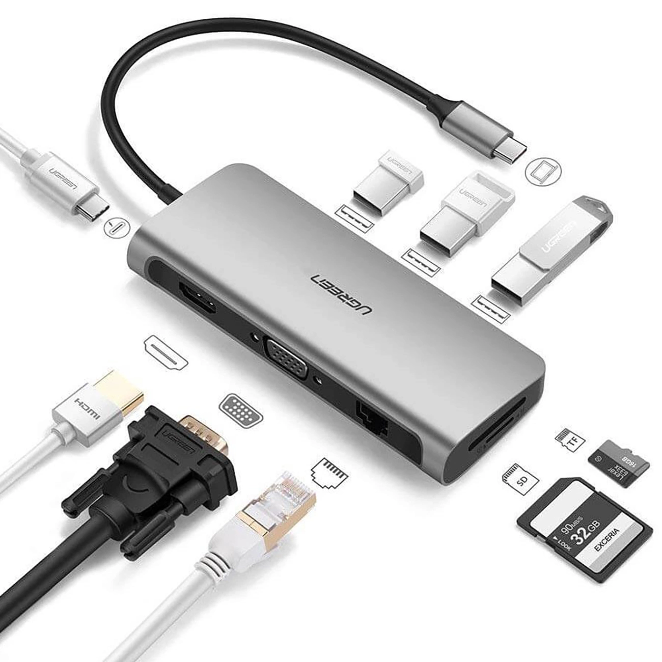 A silver UGREEN hub with various ports and connectors: HDMI, USB, and SD card slots. Several USB drives and SD cards are also present.