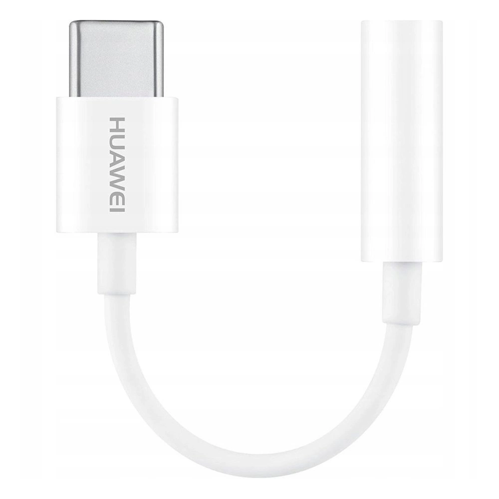 Biały adapter Huawei USB-C na gniazdo audio. Logo Huawei jest nadrukowane na białym złączu.
