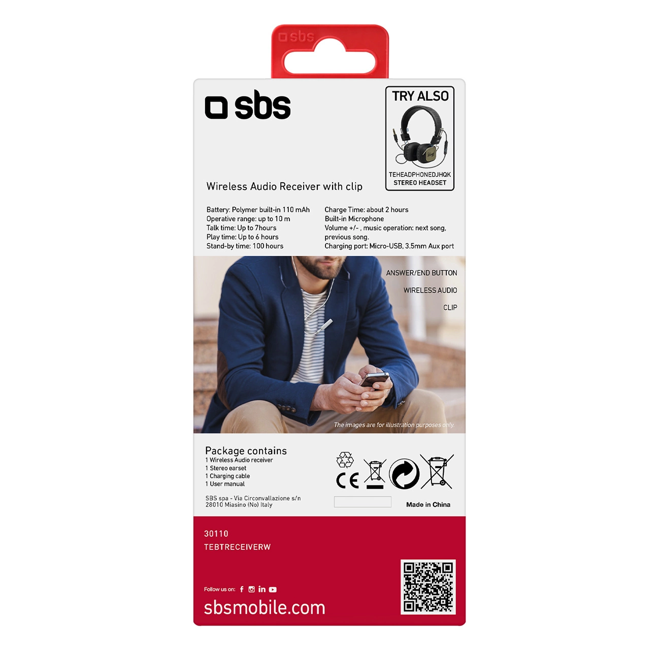 Verpackung zeigt kabellosen Audio-Empfänger mit Clip, Mann mit Telefon und Produktspezifikationen.