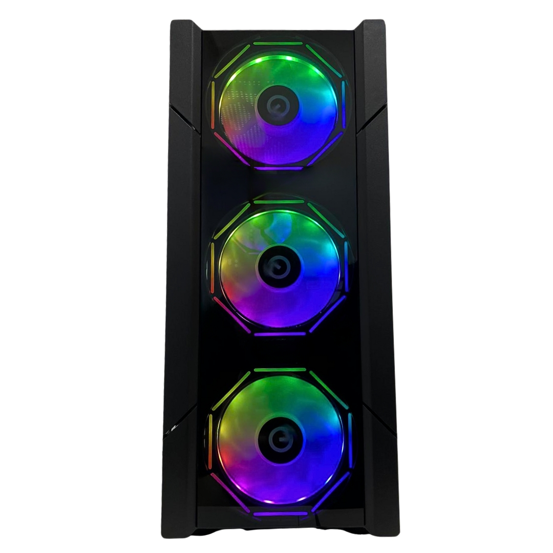 Carcasa de ordenador negra con tres ventiladores RGB. Cada ventilador muestra un espectro de colores, incluyendo verde, azul y morado.