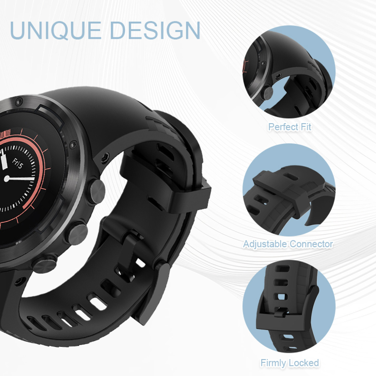 Schwarze Smartwatch mit Armband. Zu den Merkmalen gehören perfekte Passform, verstellbarer Anschluss und fest verschlossenes Design.