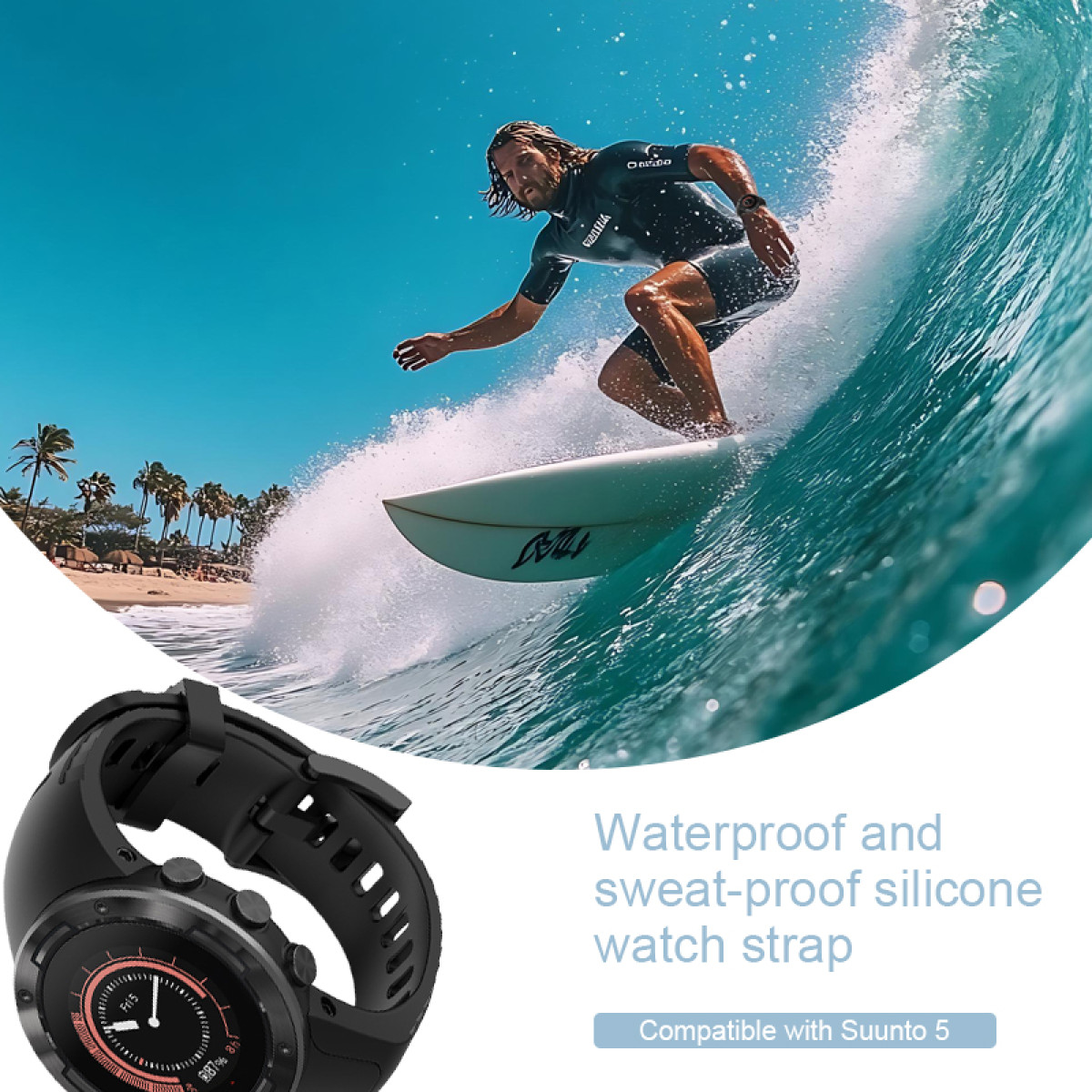 Ein Surfer reitet eine Welle. Eine schwarze Uhr ist im Vordergrund. Blauer Himmel und Strand im Hintergrund. Text: Wasserdichtes Silikon-Armband.