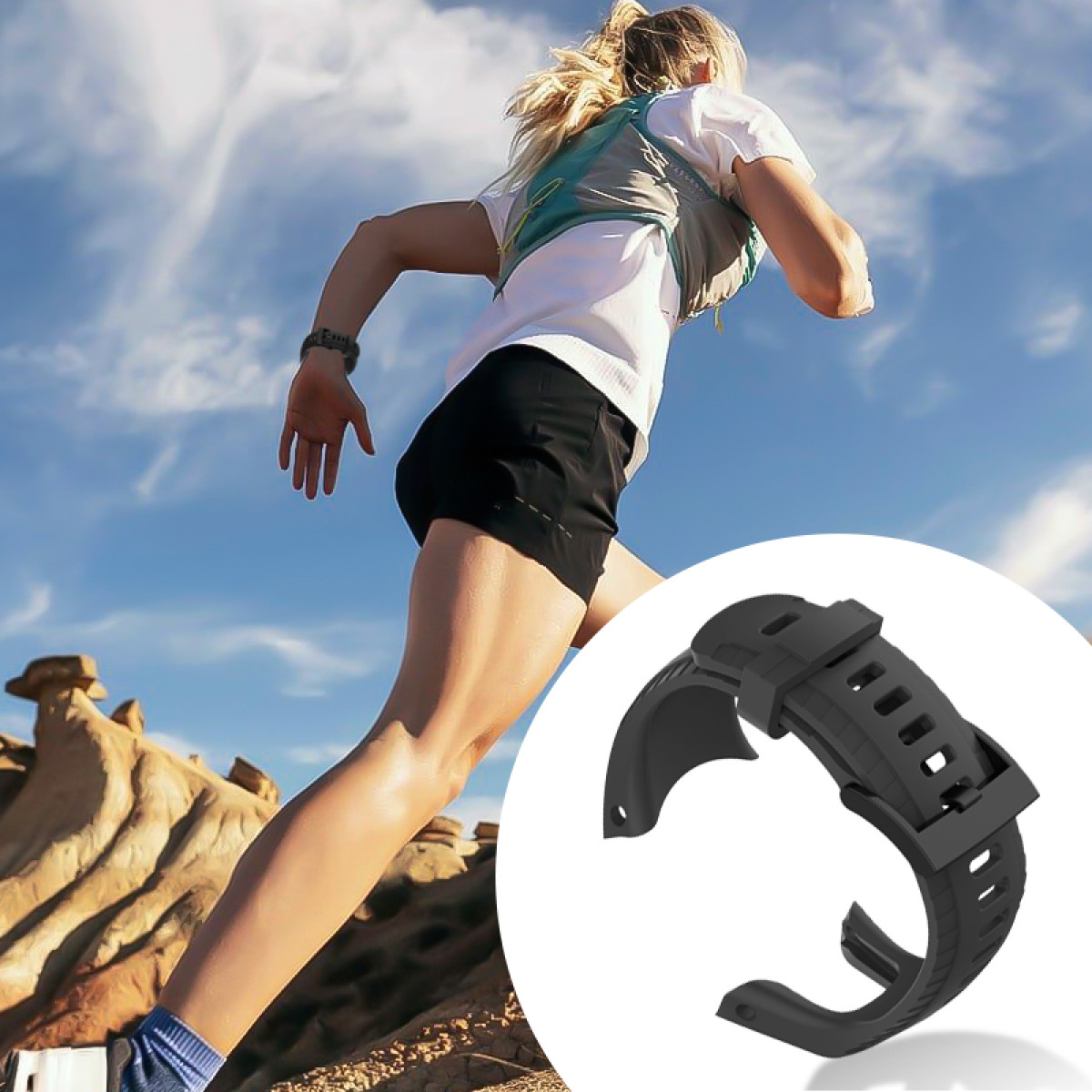 Eine Frau läuft im Freien, trägt Shorts, ein weißes Hemd und einen Trinkrucksack. Ein schwarzes Uhrenarmband befindet sich in einem Kreisausschnitt.