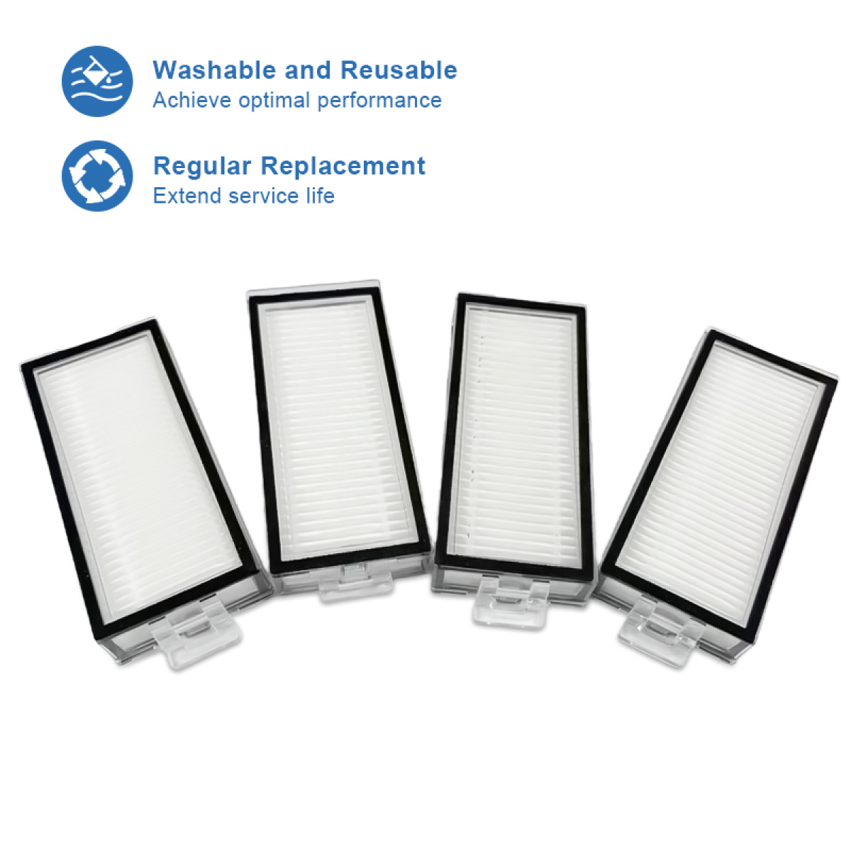 Cztery prostokątne filtry powietrza z białym materiałem filtracyjnym, czarnymi ramkami i przezroczystymi plastikowymi klipsami, z niebieskimi ikonami i tekstem.