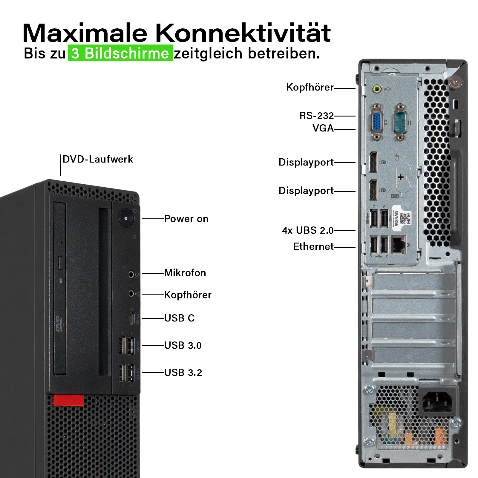 Tour d'ordinateur montrant les ports, le lecteur DVD, le bouton d'alimentation et les étiquettes de connectivité. Texte: 'Connectivité maximale'.