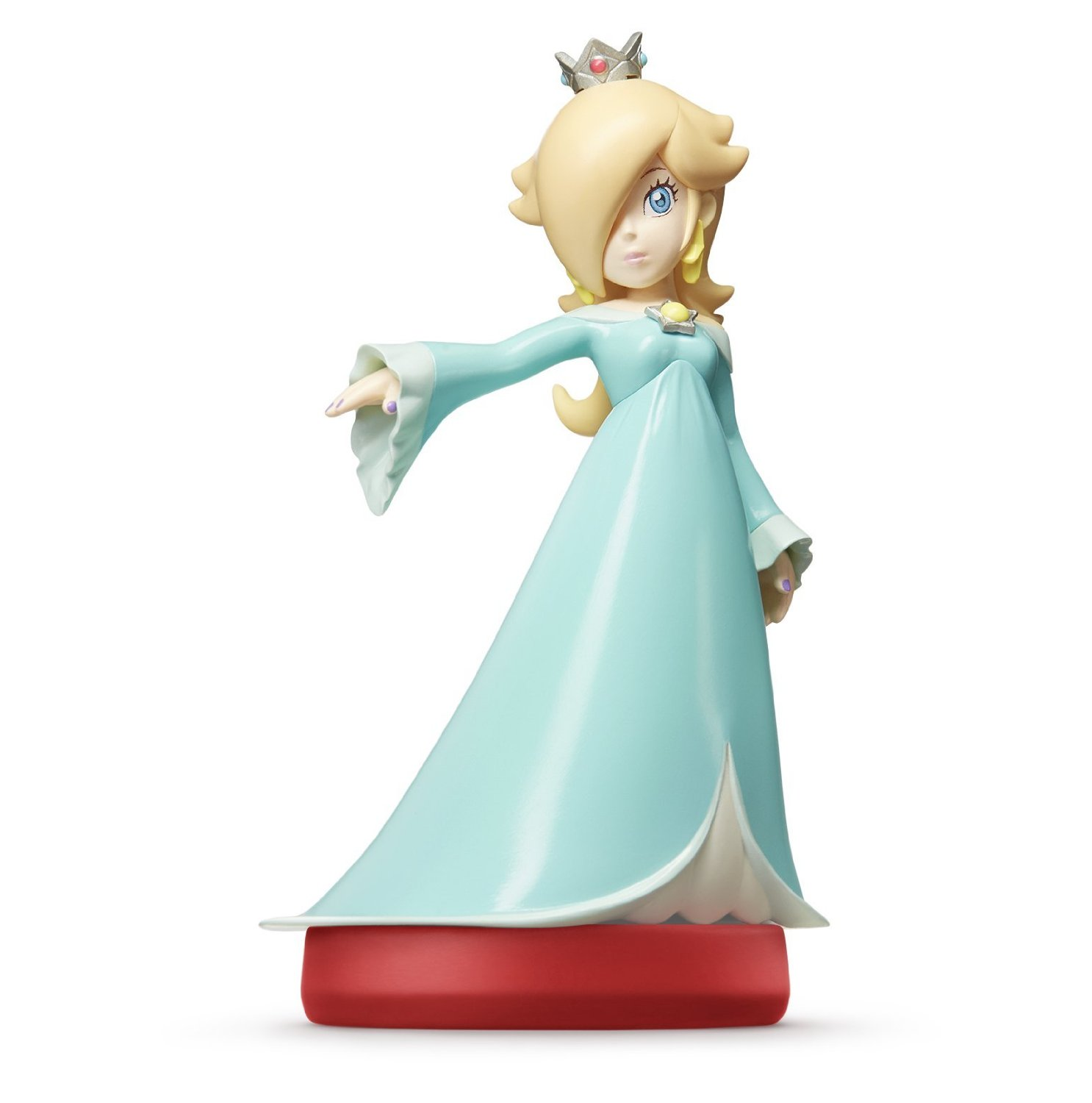 Figur von Rosalina, blondes Haar, blaues Kleid, Krone, zeigt. Steht auf roter Basis vor weißem Hintergrund.