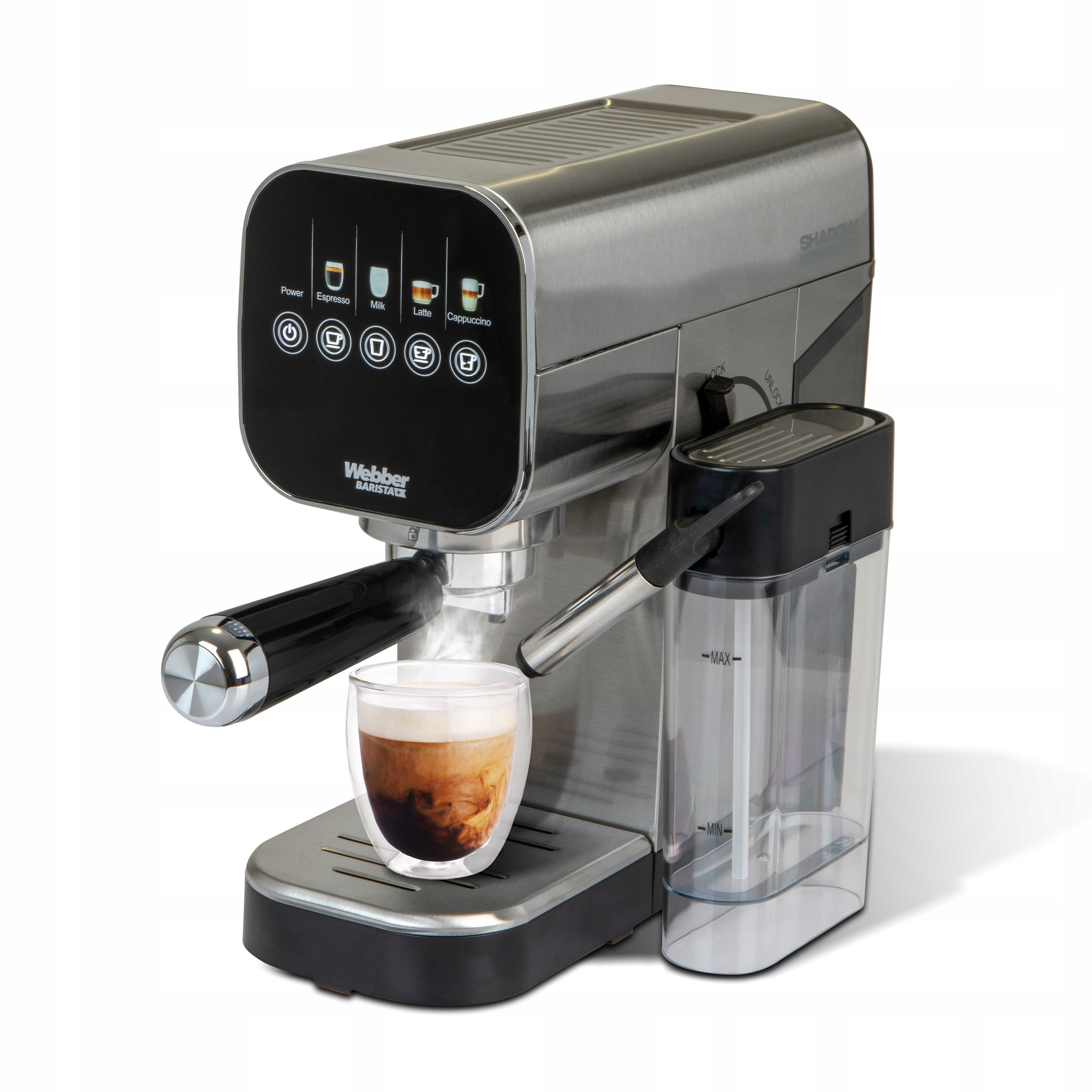 Ekspres do kawy z filiżanką kawy. Ma czarny panel z przyciskami i zbiornik na wodę.