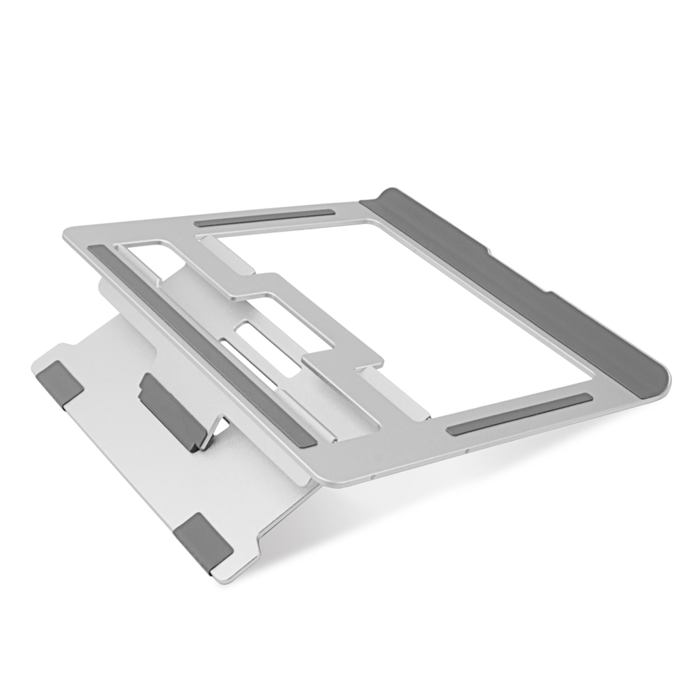 Srebrny stojak na laptopa z szarymi gumowymi podkładkami. Stojak jest kątowy i otwarty, przeznaczony do trzymania laptopa.