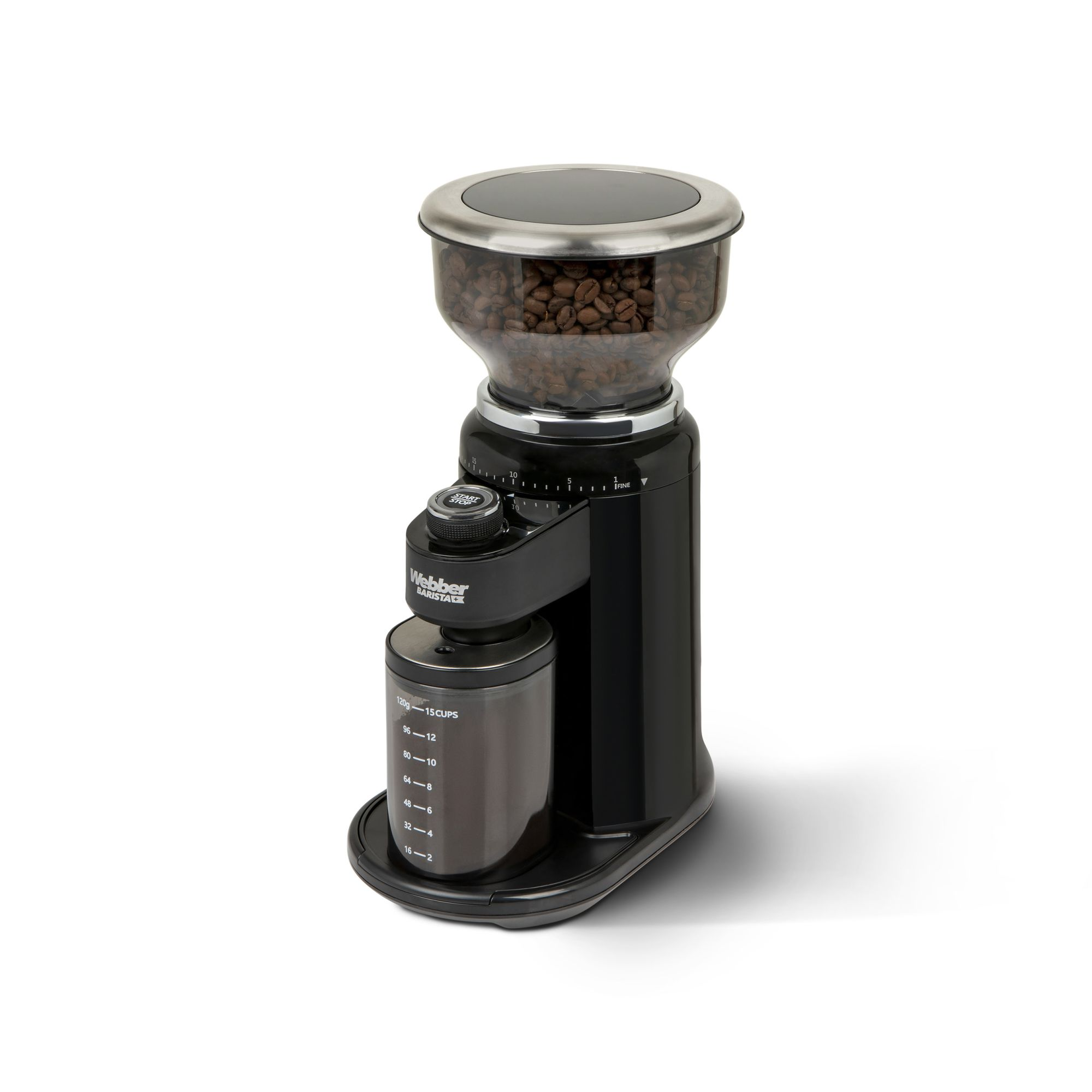 Czarny młynek do kawy z przezroczystym pojemnikiem na ziarna. Posiada miarkę i przycisk start/stop. Tło jest białe.