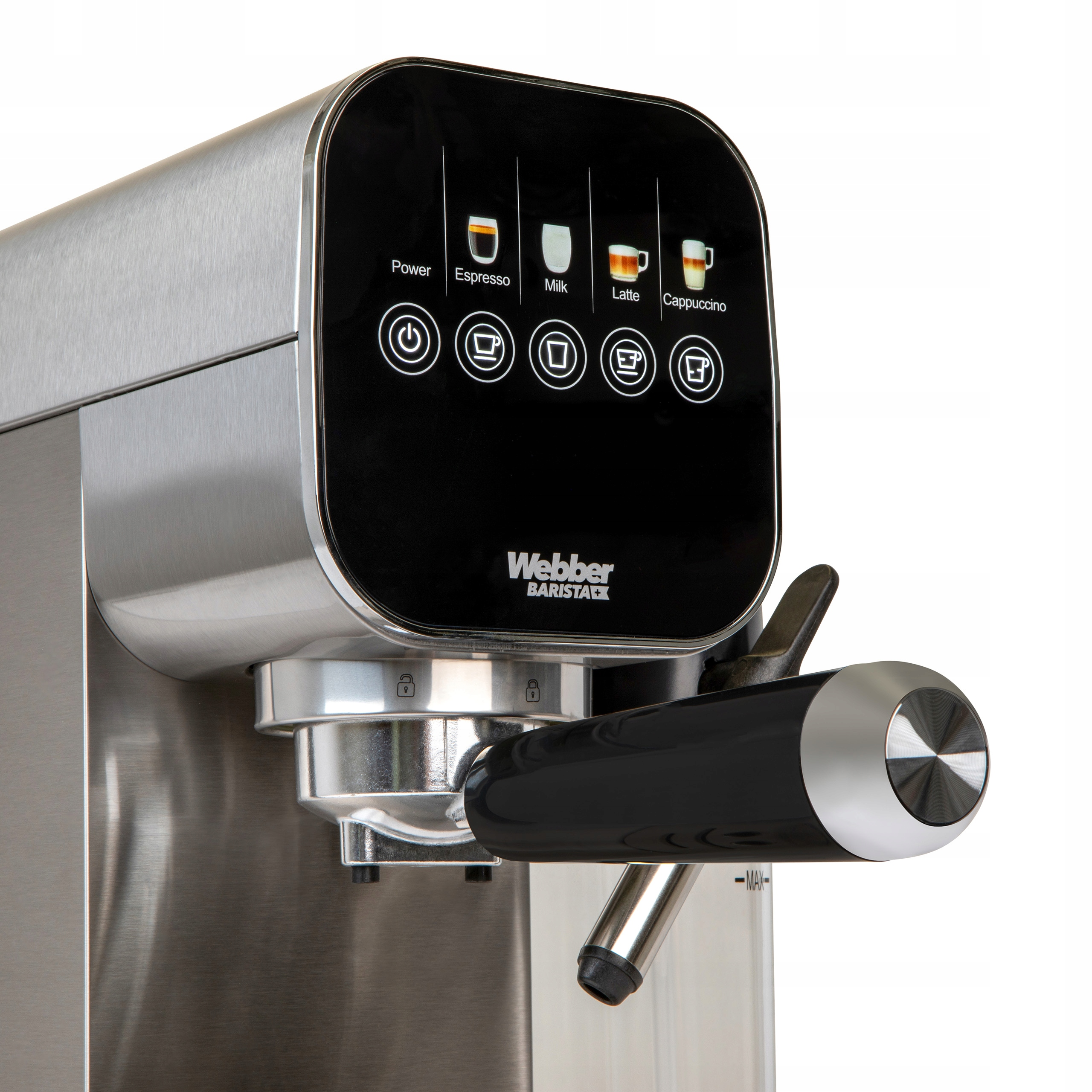 Metalowy ekspres do kawy z czarnym panelem sterowania i uchwytem. Panel ma opcje napojów.