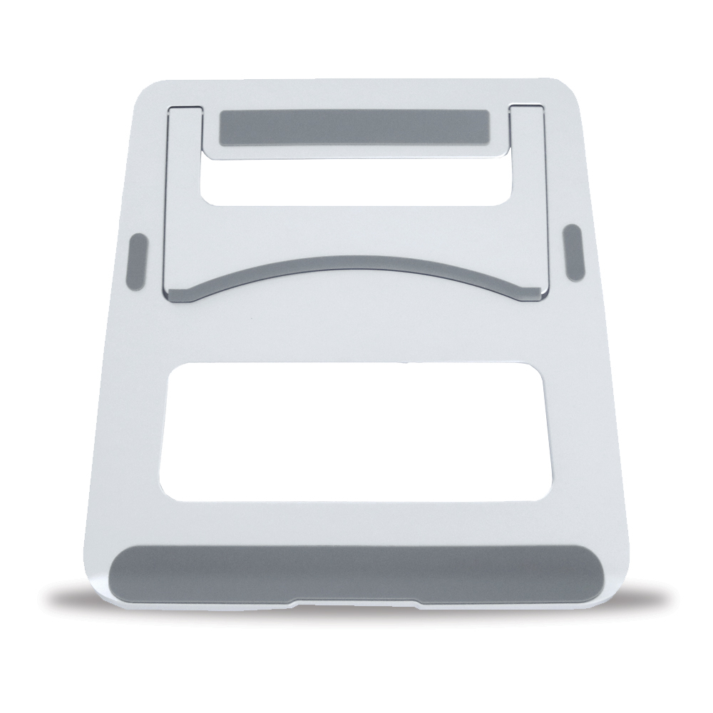 Biało-szara podstawka pod laptopa z prostokątnym otworem i szarym paskiem u podstawy i na górze.