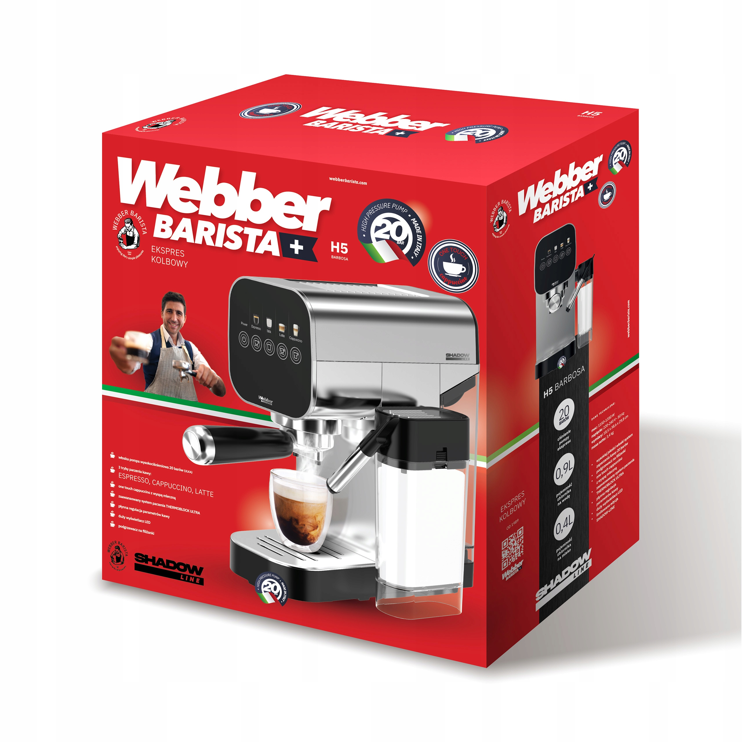 Czerwone pudełko z ekspresem do kawy. Ma markę Webber Barista i osobę z filiżanką kawy.
