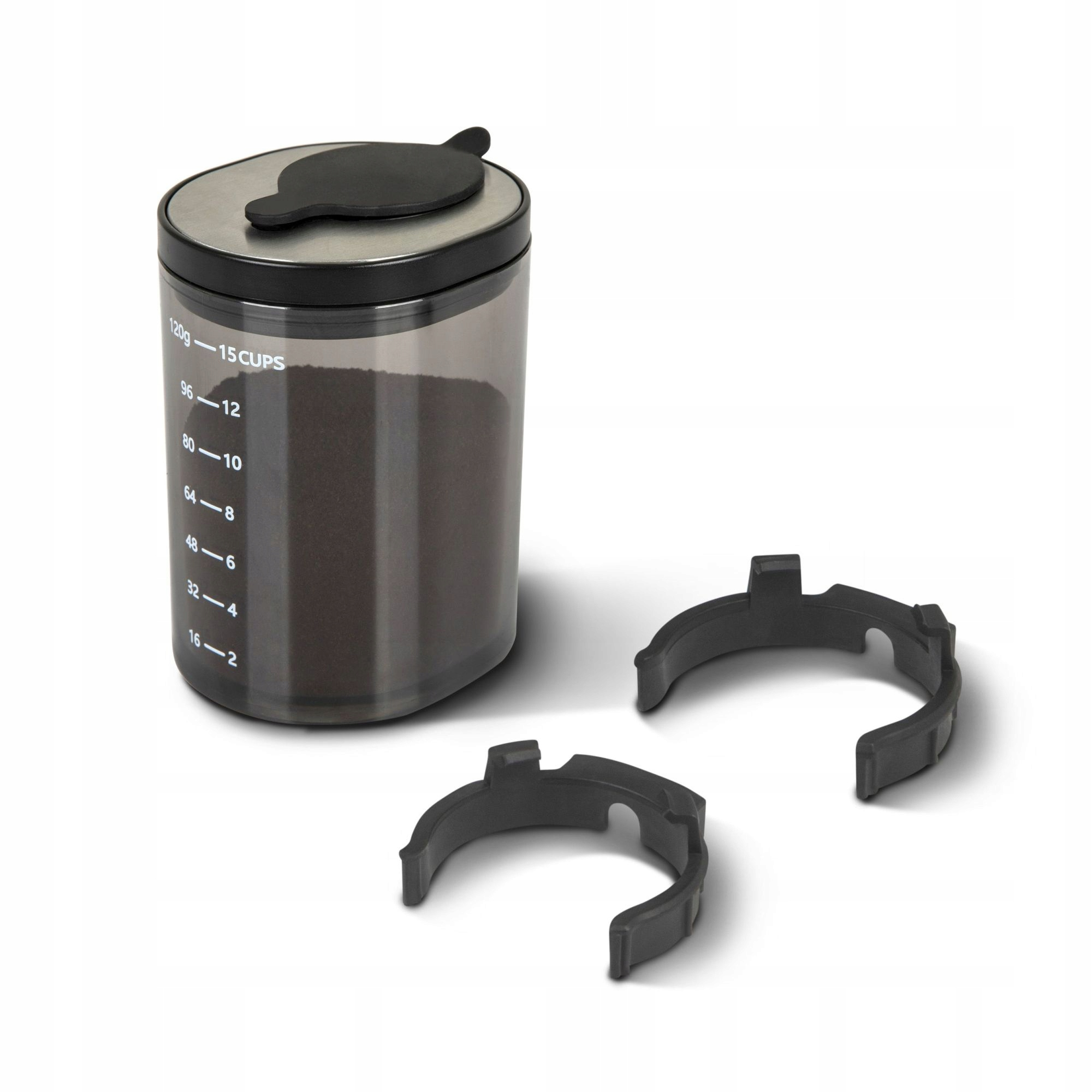 Pojemnik na kawę z pokrywką, oznaczeniami miar i dwoma czarnymi plastikowymi klipsami na białym tle.