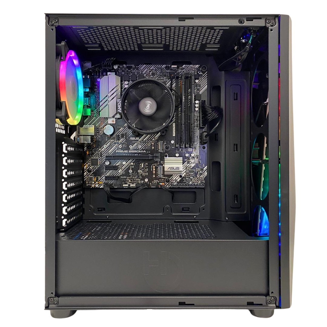 Dentro de una caja de ordenador, se ven una placa base, un refrigerador de CPU y ventiladores con luces RGB. La caja es negra.