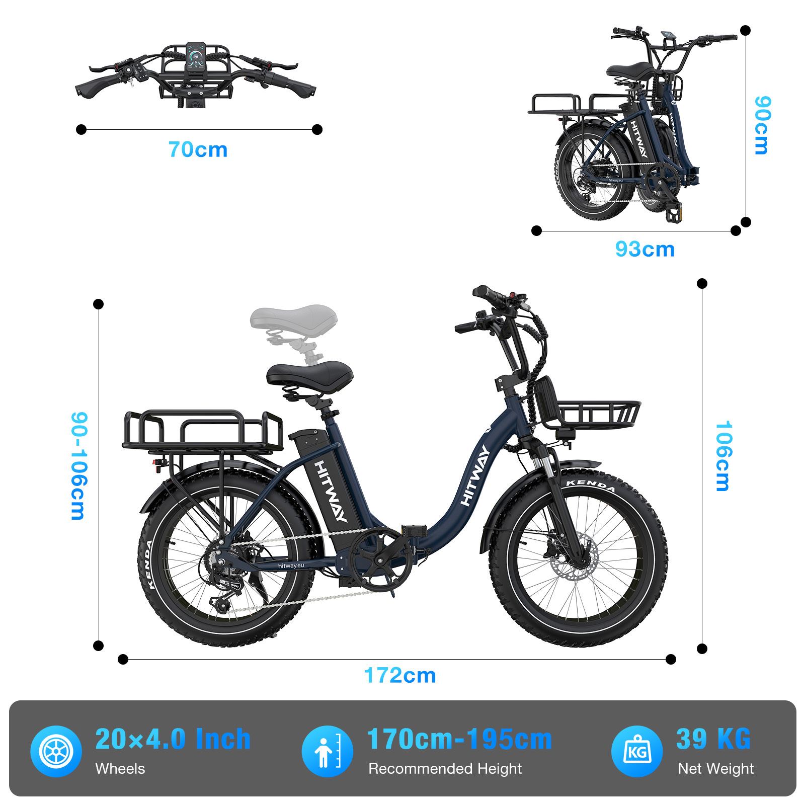 Een donkerblauwe HITWAY elektrische fiets met zwarte banden, afmetingen worden weergegeven. Voorzien van mand en rek.
