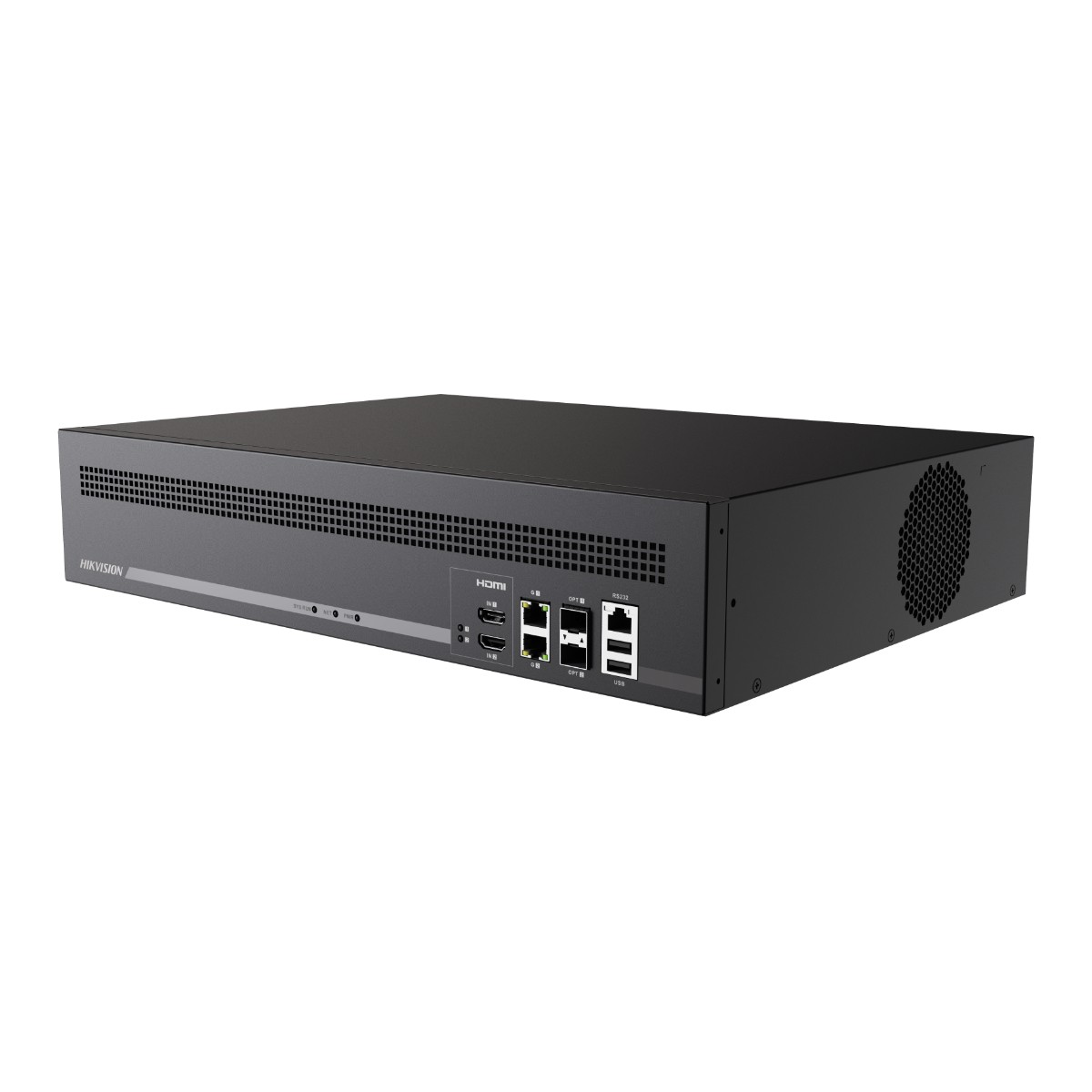 Un grabador de video en red Hikvision negro. Tiene puertos HDMI, puertos de red y un ventilador lateral. El logotipo es visible.