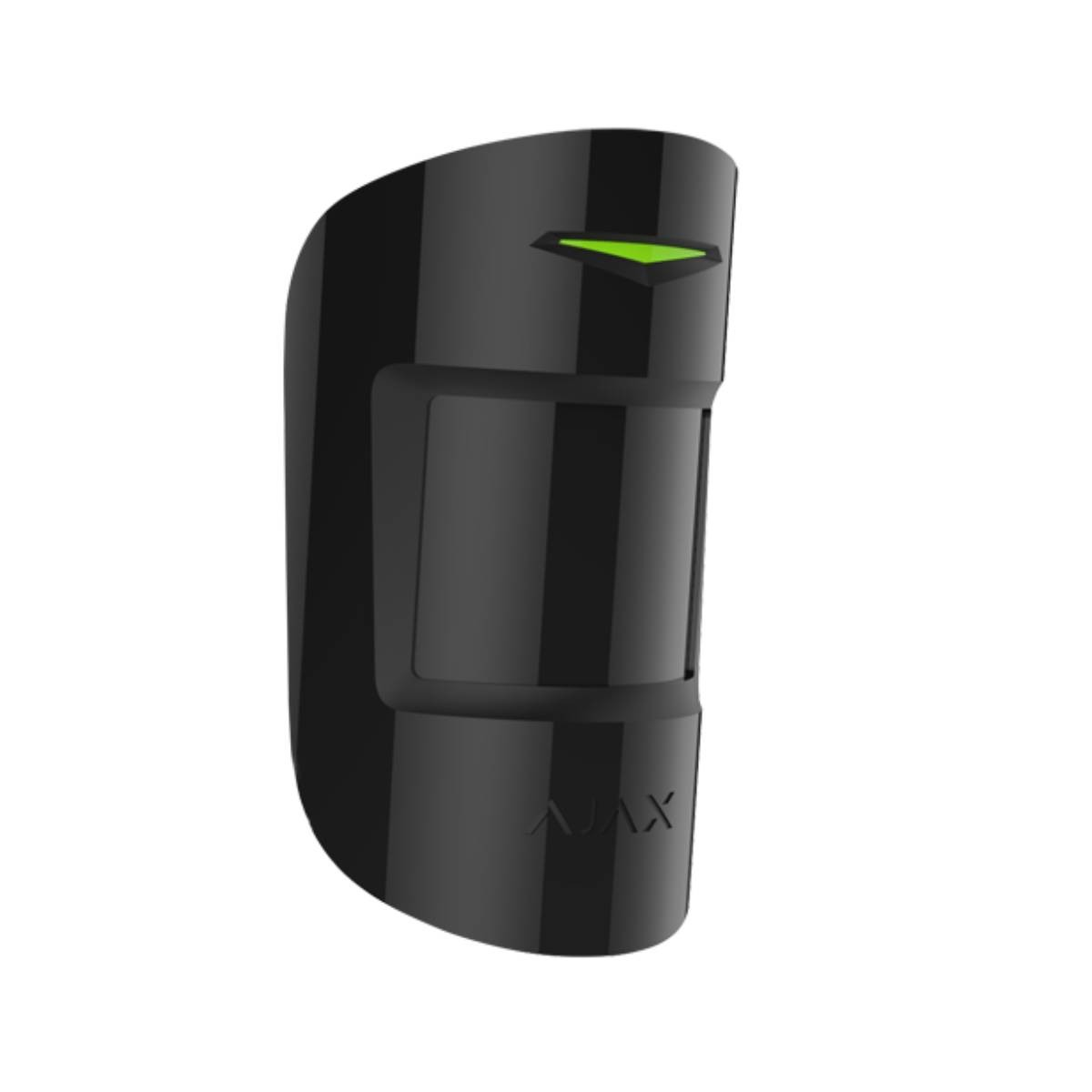 Un sensor de movimiento Ajax negro con una luz verde en la parte superior. El sensor está sobre un fondo blanco. La palabra AJAX es visible.