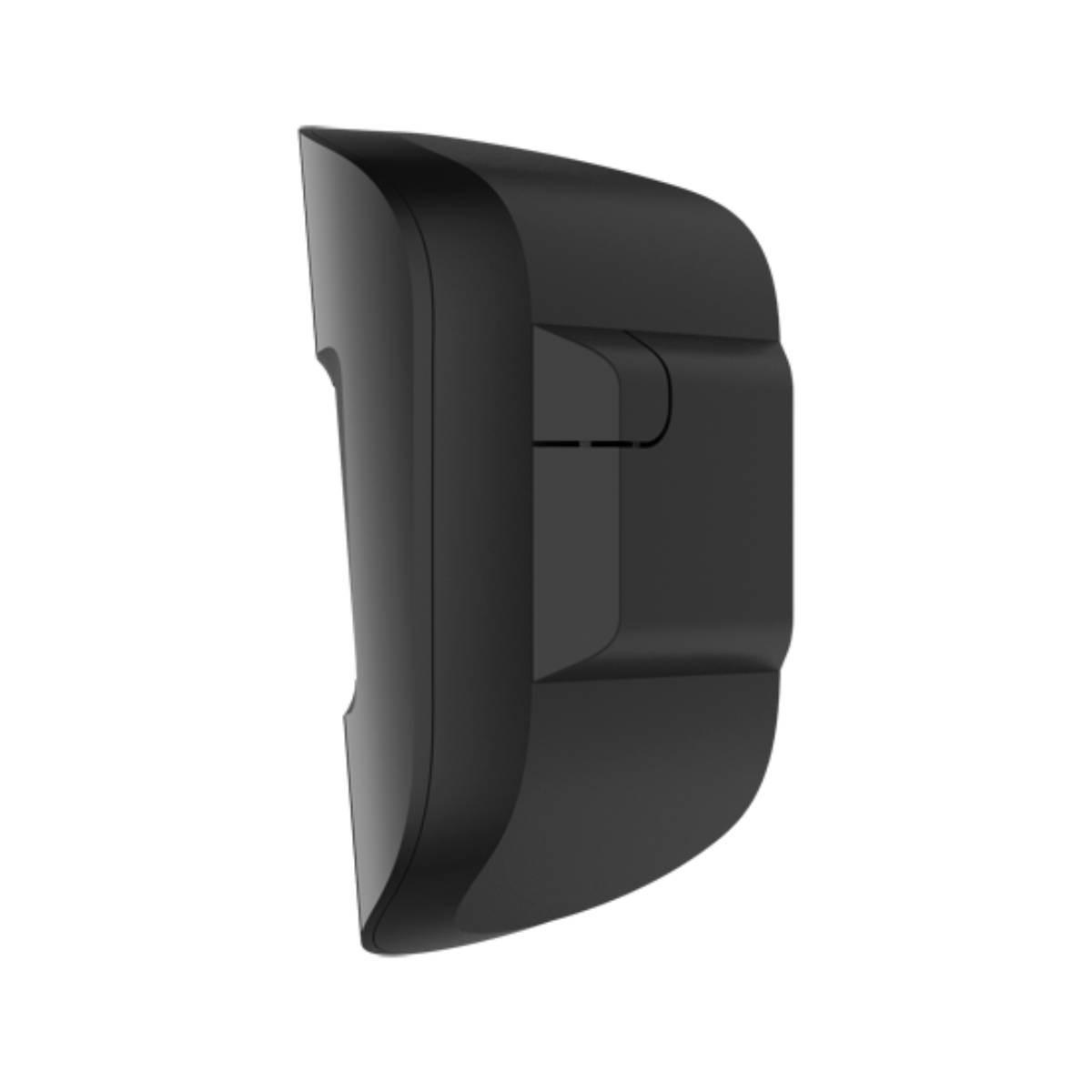 Primer plano de un objeto negro y curvado, posiblemente un espejo retrovisor, sobre un fondo blanco. Tiene una superficie lisa y brillante.