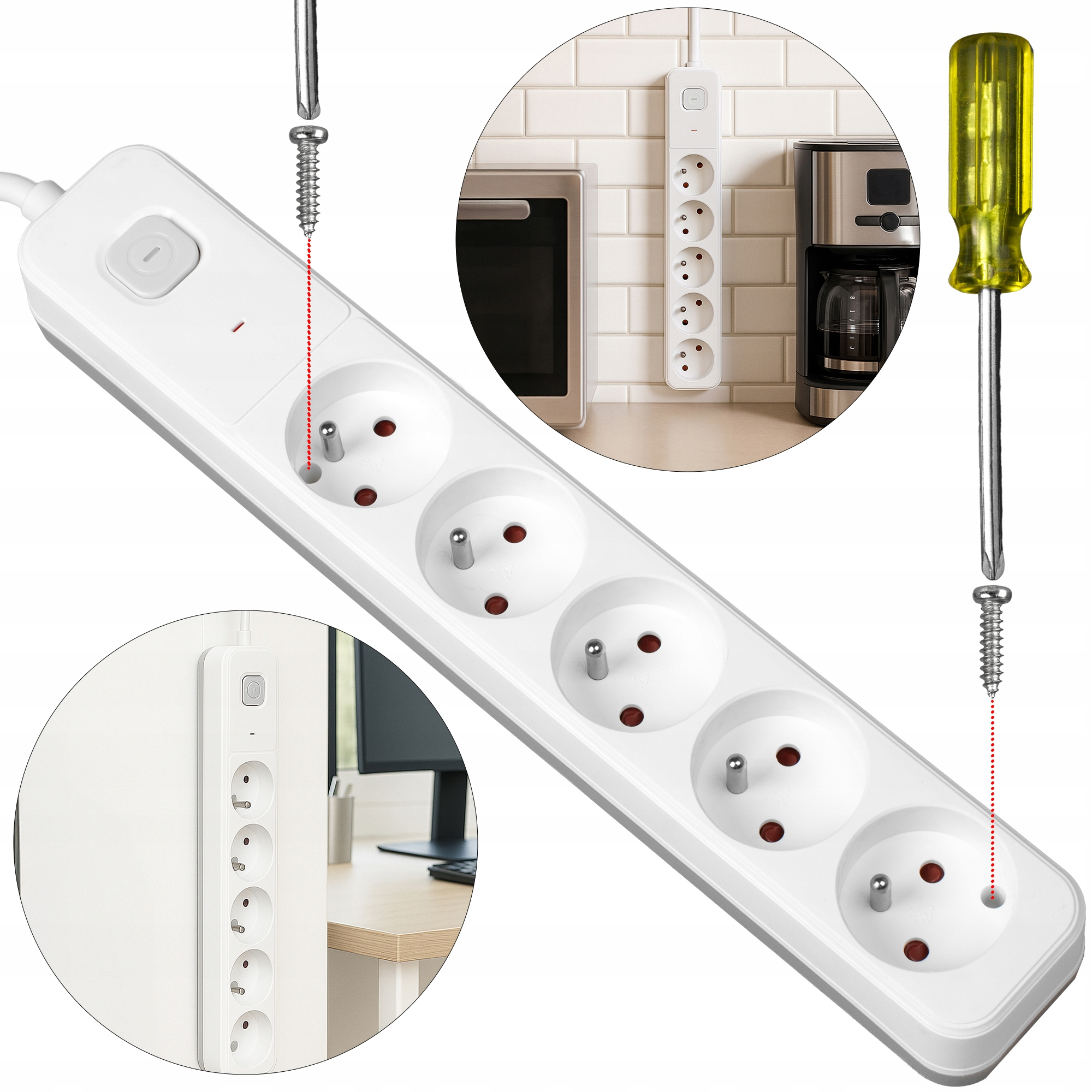 Biały przedłużacz z wieloma gniazdami, śrubokrętami i wstawkami podobnych przedłużaczy w różnych ustawieniach.