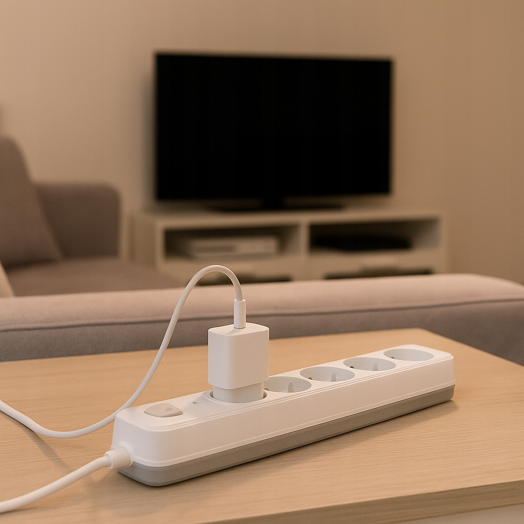 Biały przedłużacz z wpiętą ładowarką, leżący na drewnianym stole. W rozmytym tle telewizor i kanapa.