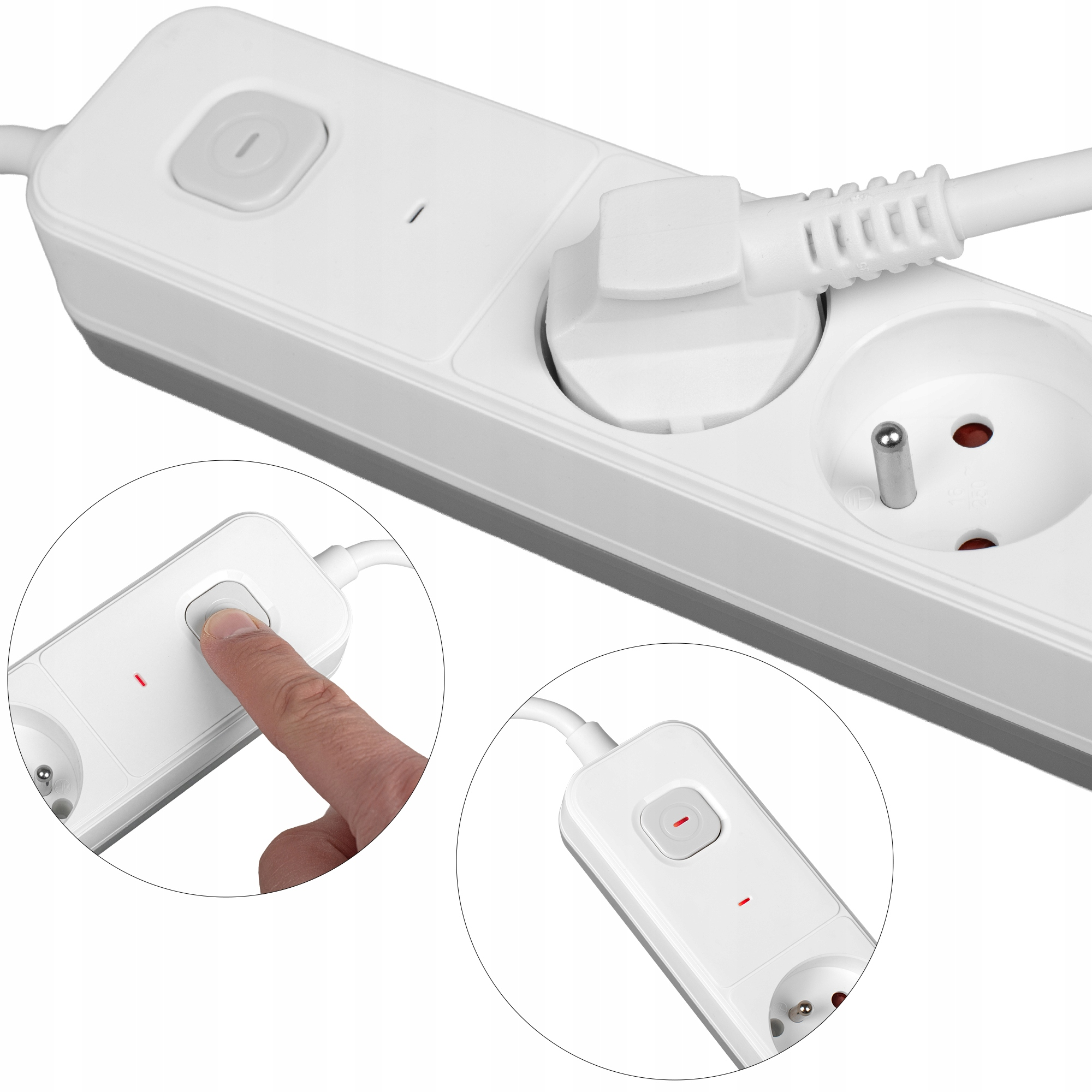 Biały przedłużacz z włożoną wtyczką. Wstawki pokazują palec naciskający przycisk i szczegóły przełącznika.