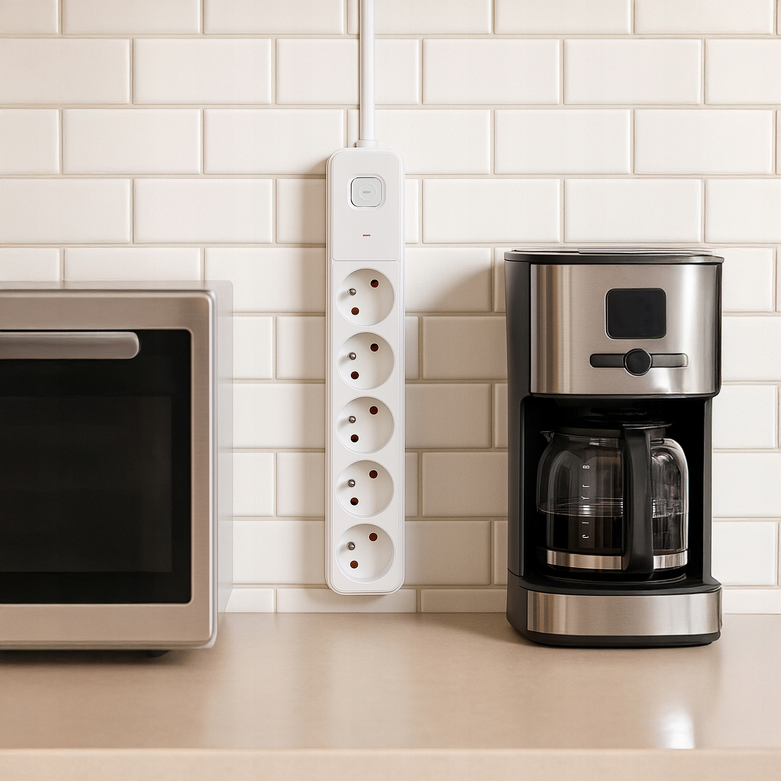 Blat kuchenny z kuchenką mikrofalową, listwą zasilającą i ekspresem do kawy. Biała kafelkowa ściana w tle.