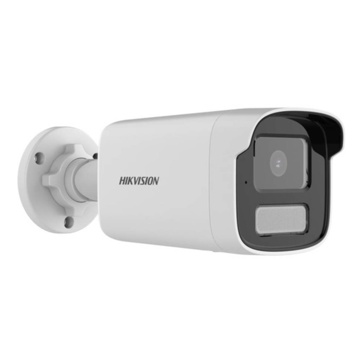 Eine weiße Hikvision-Überwachungskamera. Sie hat einen abgerundeten Körper und eine dunkle Blende über dem Objektiv. Sie ist auf einem weißen Sockel montiert.