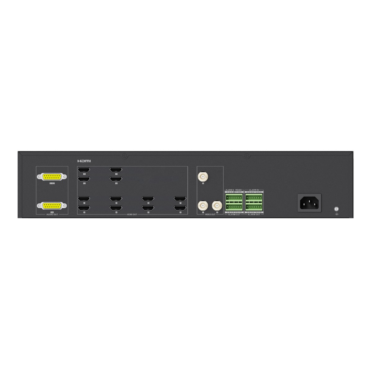 Panel trasero de un dispositivo negro con varios puertos: HDMI, audio, video, alarma. Incluye entrada de alimentación y múltiples conectores.