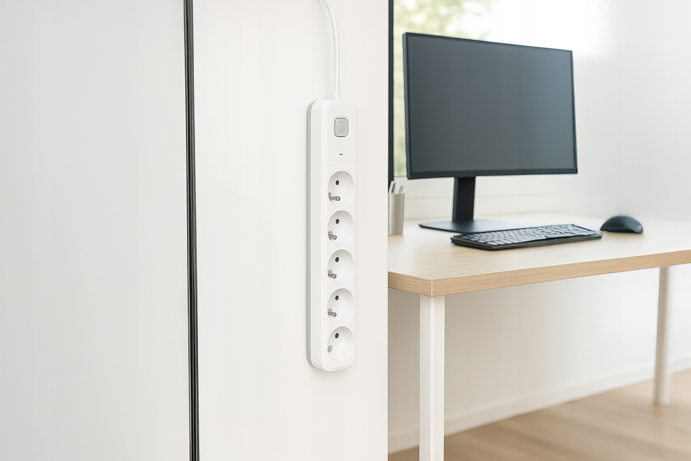 Biały przedłużacz jest zamontowany na białej ścianie. W tle biurko z monitorem, klawiaturą i myszką.