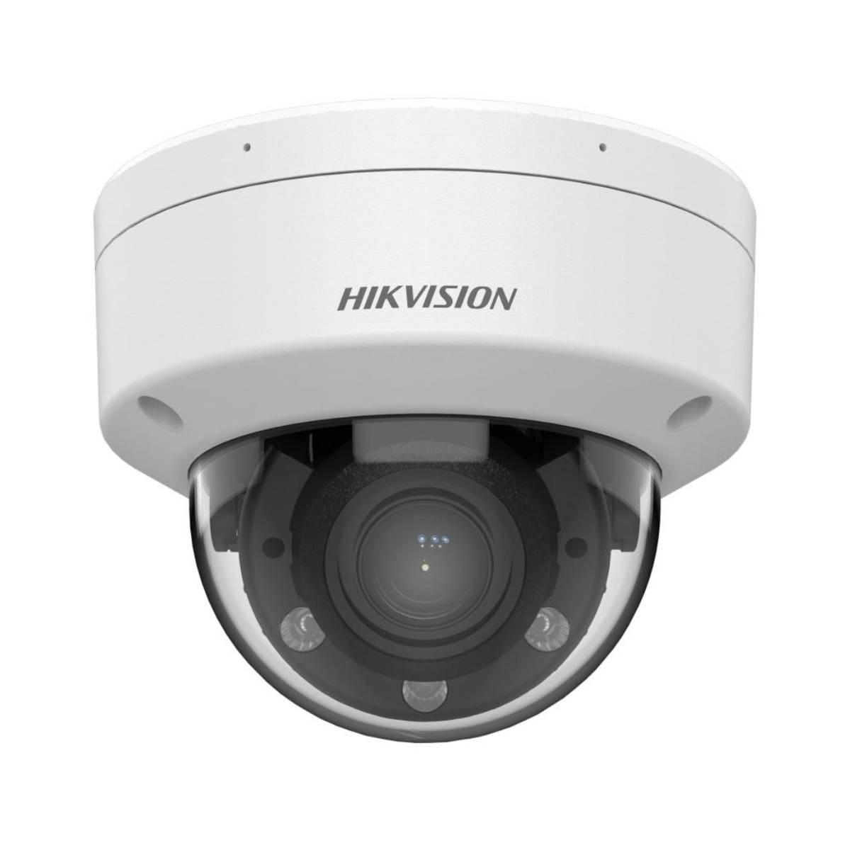 Beyaz bir Hikvision kubbe güvenlik kamerası. Şeffaf bir kubbesi ve siyah bir lensi vardır. Marka adı üstte basılıdır.